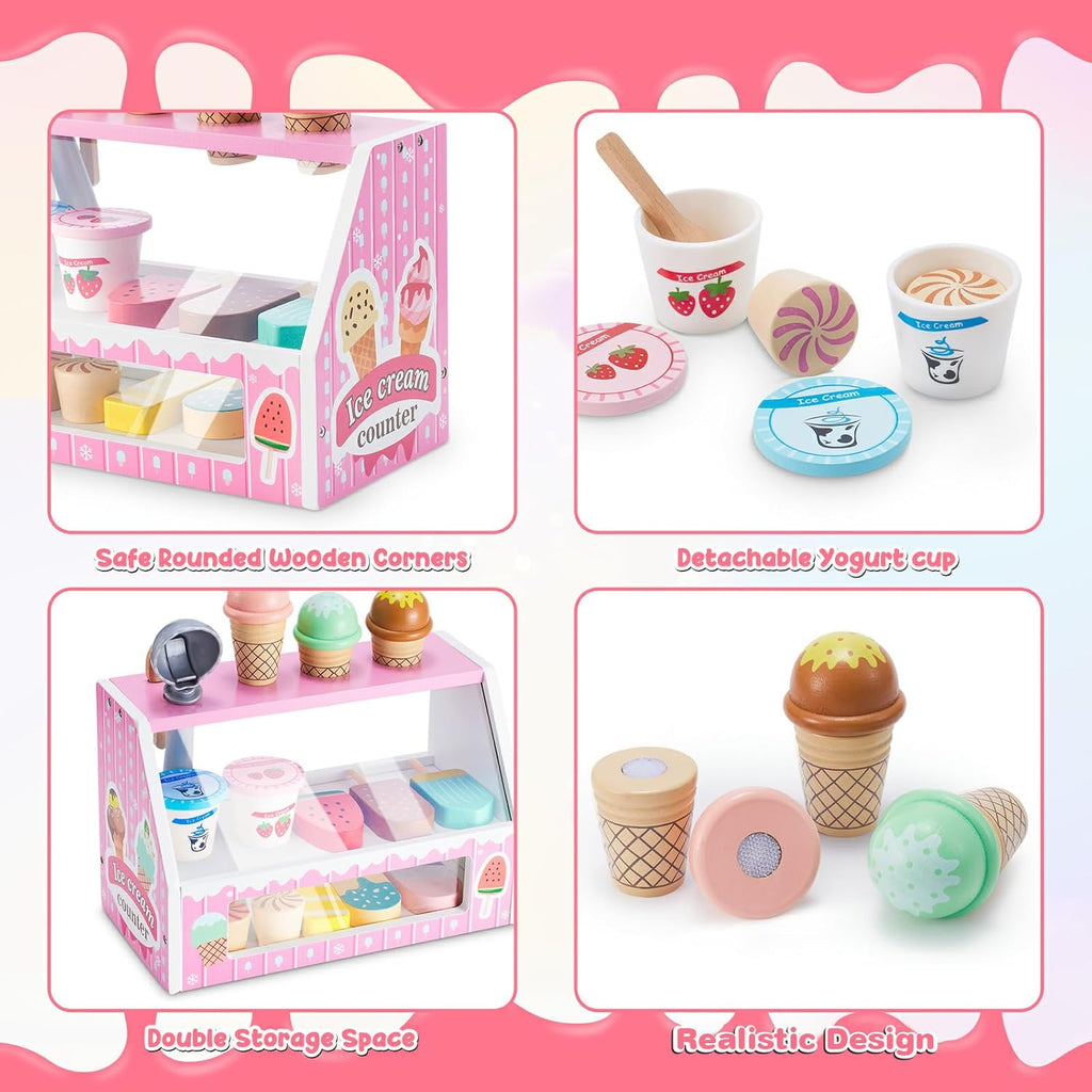 Wooden Ice Cream Counter Playset for Toddler Girl Toys, Play Store Pretend Toy Food Play Kitchen Accessories with Fake Money & Coin, Christmas Birthday Gifts for 3+ Year Old Kids (Pink)