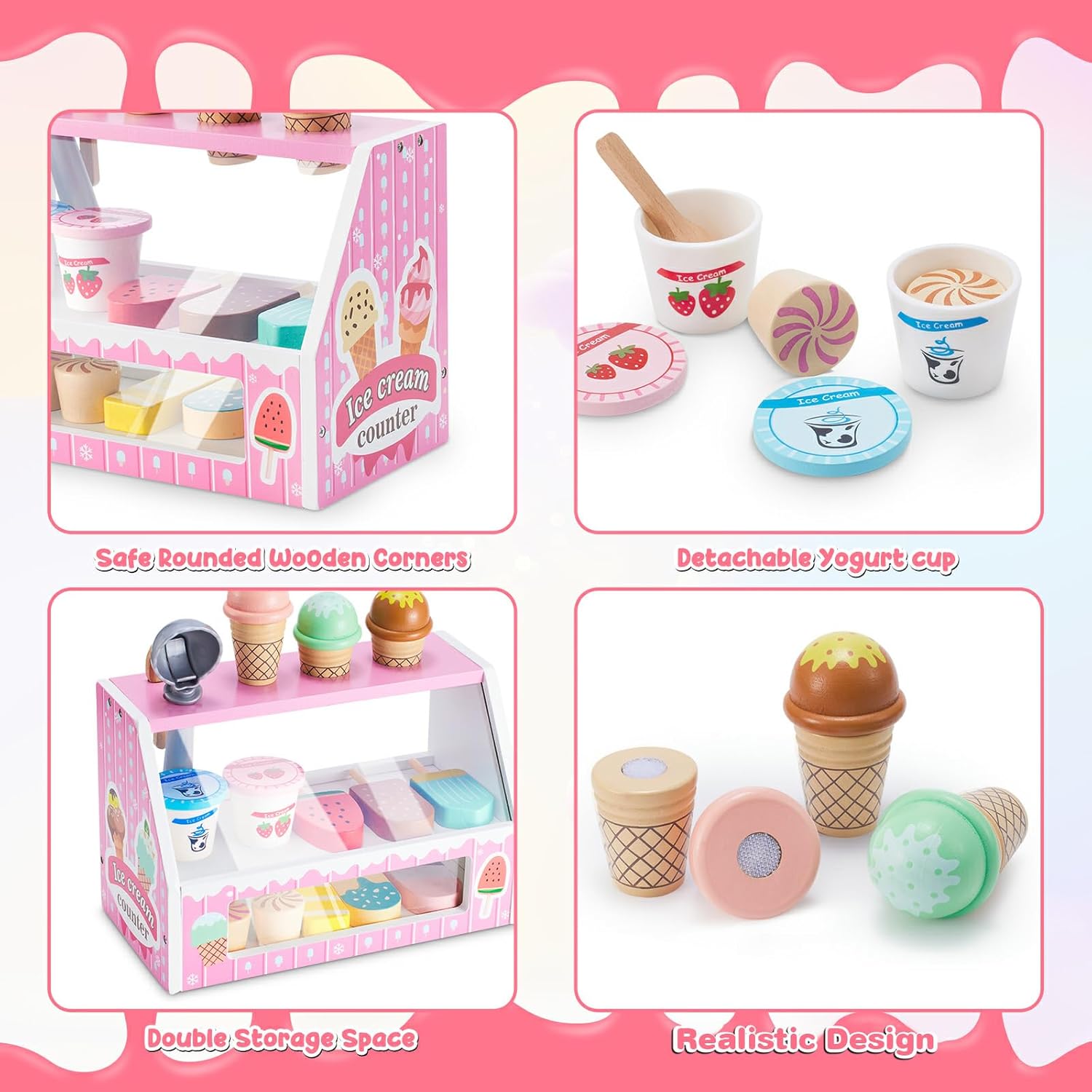 Wooden Ice Cream Counter Playset for Toddler Girl Toys, Play Store Pretend Toy Food Play Kitchen Accessories with Fake Money & Coin, Christmas Birthday Gifts for 3+ Year Old Kids (Pink)