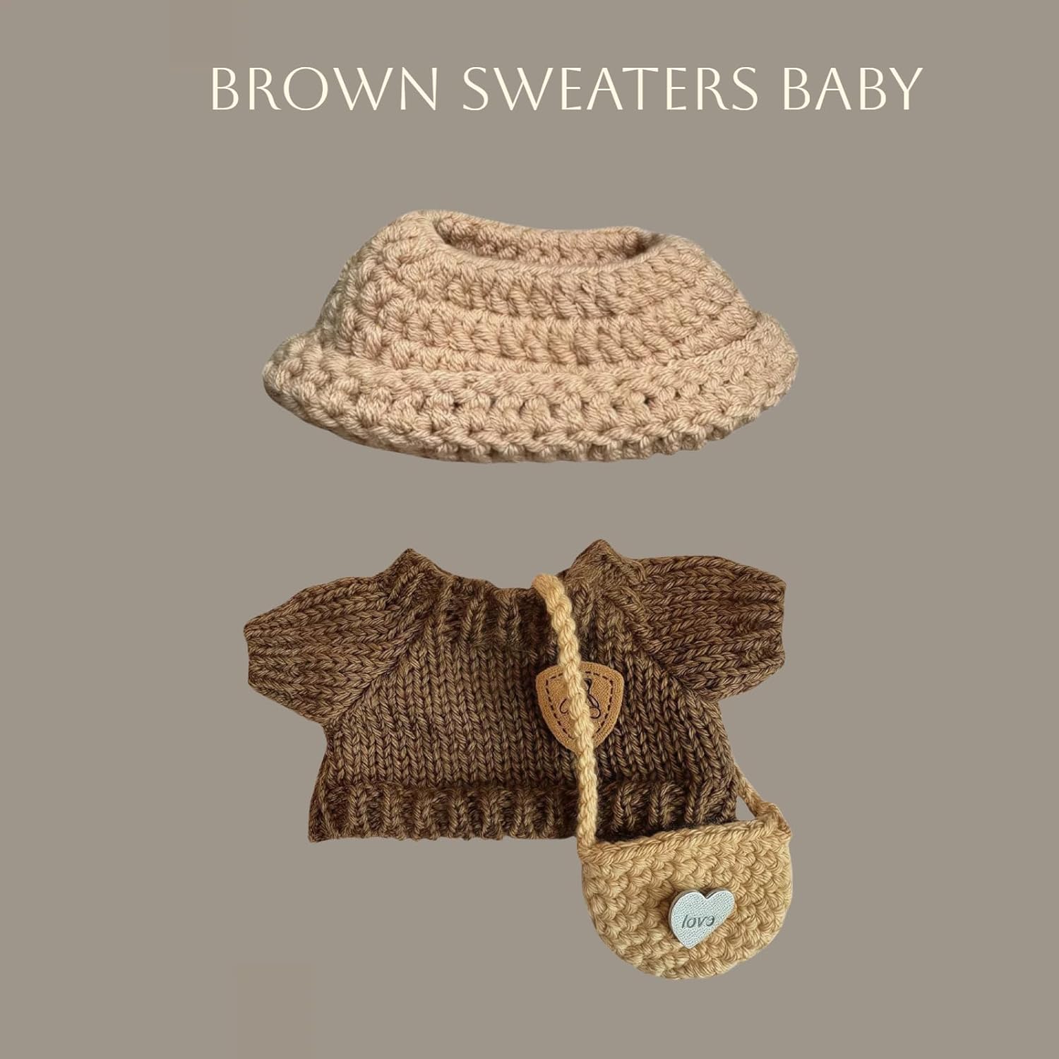 Clothes for Labubu Accessories, Clothing for Big into Energy Labubu, 3PCS Crochet Hat Sweaters Bag Set Outfit for 17cm Dolls (Brown Sweaters Baby)