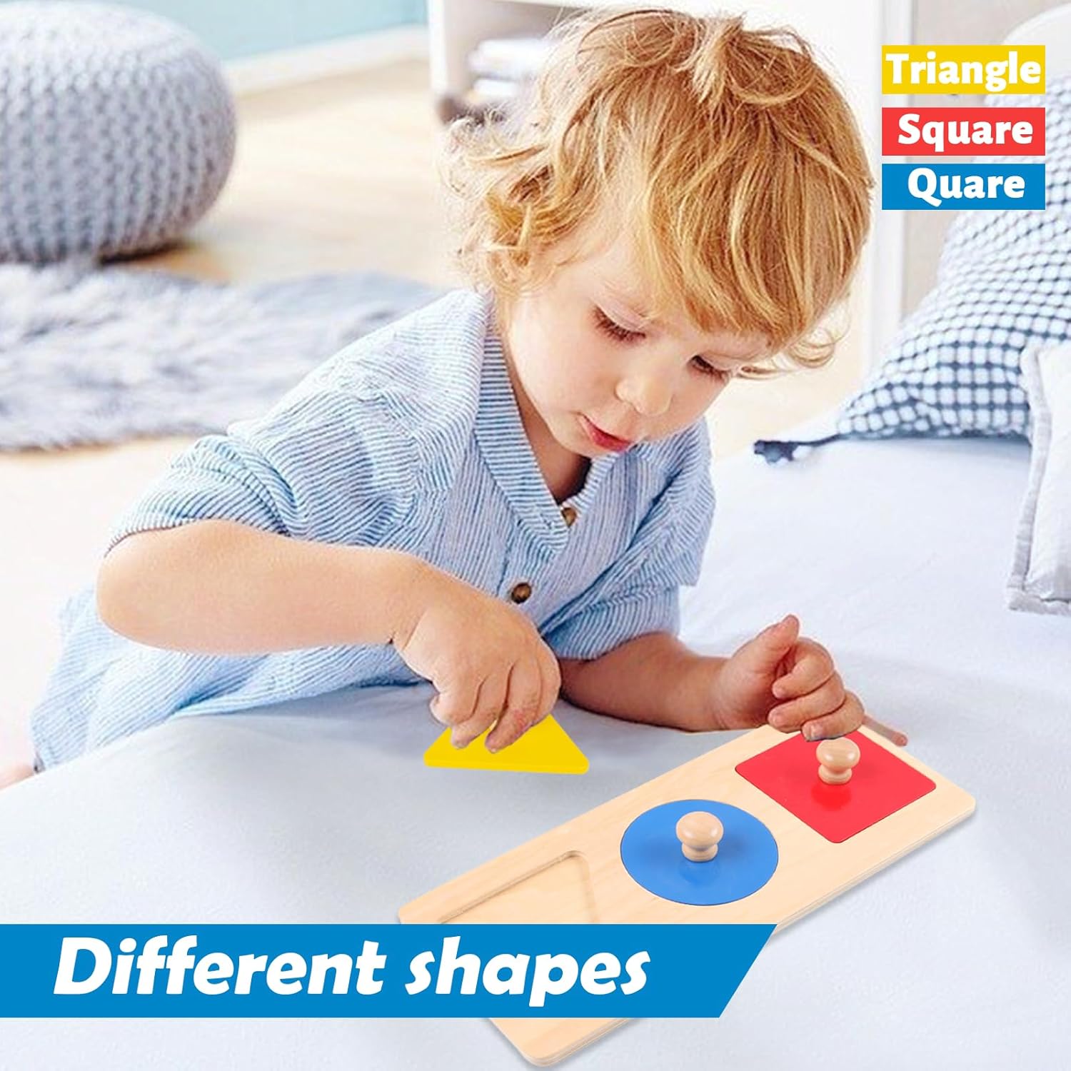 Colorful Multiple Shape Puzzles Toys for 6-12 Months 1 Year Old Toddler Babies First Shapes Geometric Jumbo Knob Wooden Puzzle Color Sorter (3 Pieces)