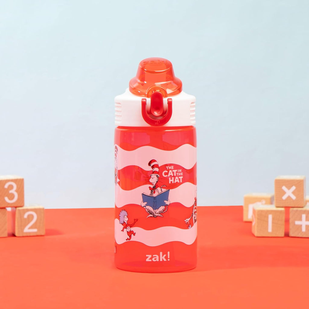Dr. Seuss Sage Kids Water Bottle For School or Travel, 16oz Durable Plastic Water Bottle With Straw, Handle, and Leak-Proof, Pop-Up Spout Cover (The Cat in the Hat)