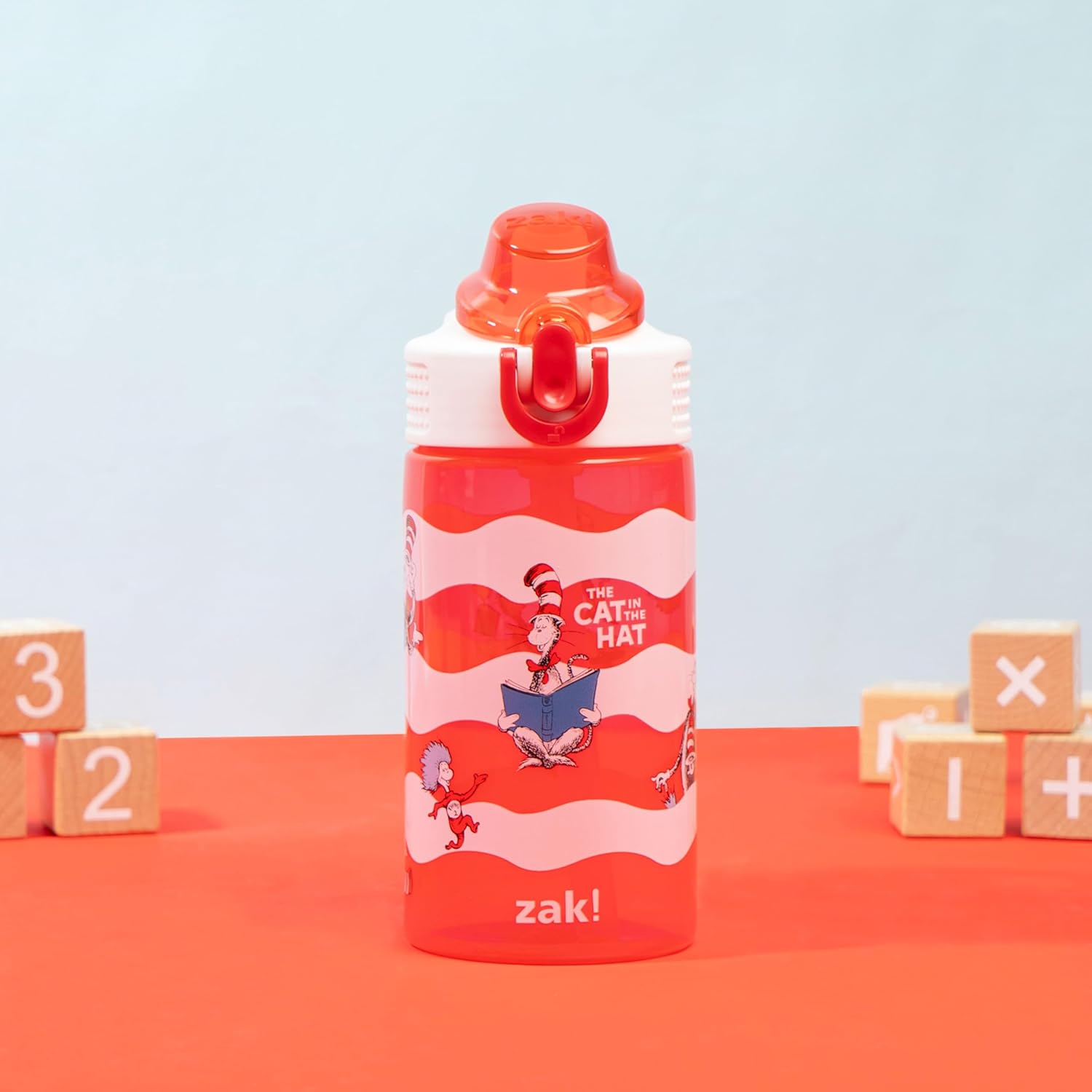 Dr. Seuss Sage Kids Water Bottle For School or Travel, 16oz Durable Plastic Water Bottle With Straw, Handle, and Leak-Proof, Pop-Up Spout Cover (The Cat in the Hat)