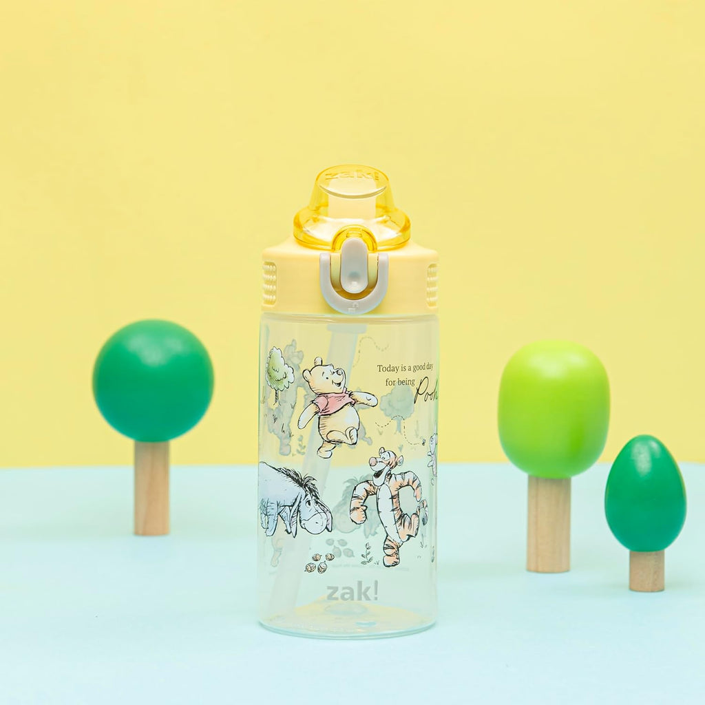 Disney Winnie the Pooh Sage Kids Water Bottle For School or Travel, 16oz Durable Plastic Water Bottle With Straw, Handle, and Leak-Proof, Pop-Up Spout Cover (Winnie the Pooh & Friends)
