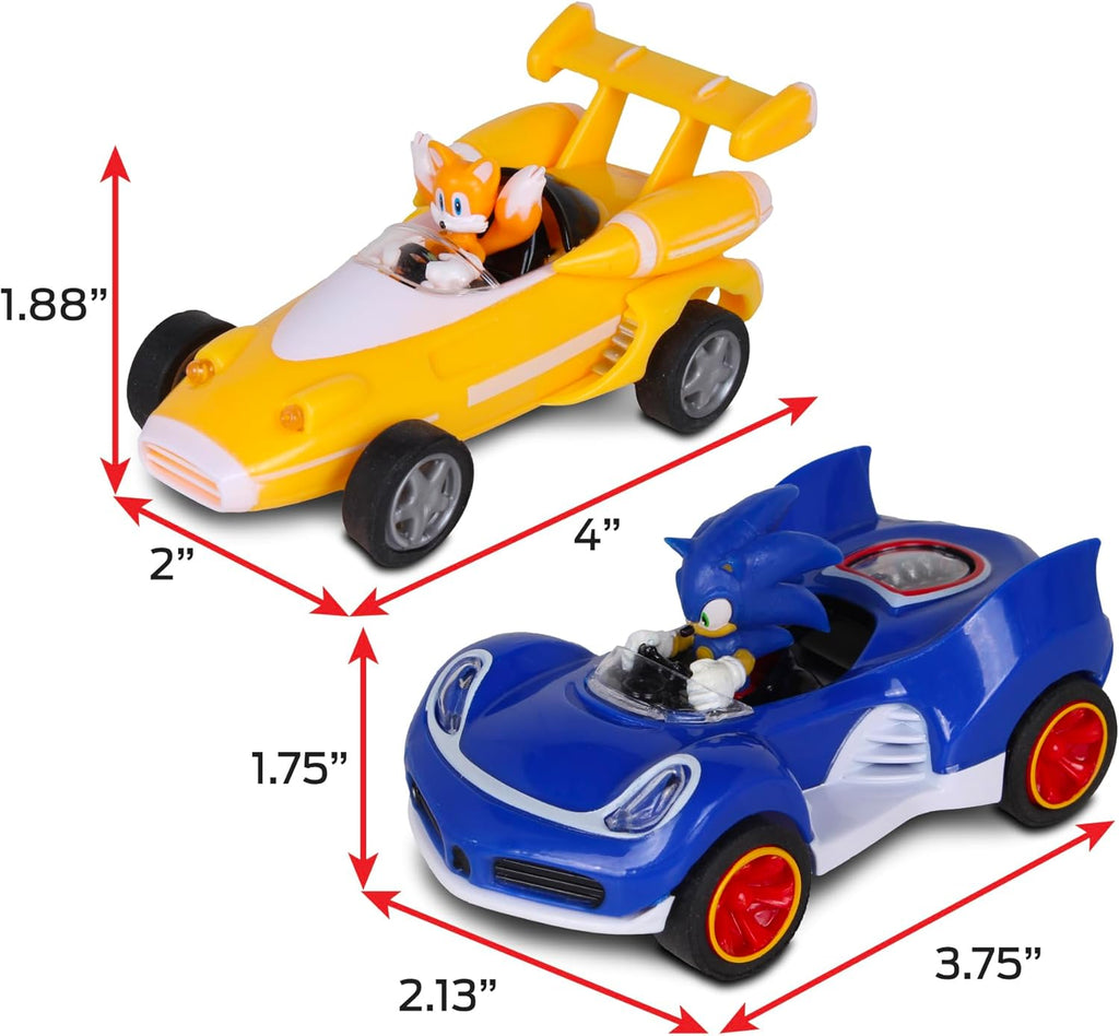 Transformed All-Stars Racing 2 Pack Pull Back Action: Tails and Sonic Hedgehog, Two Vehicles, Video Game Legends, No Batteries Required, Pull Back – Release - and Watch it go