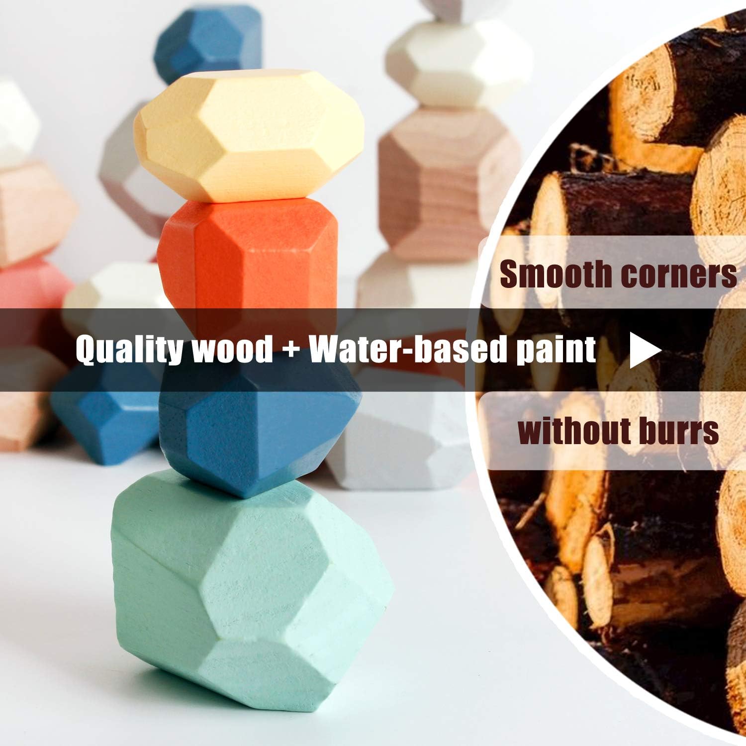 36 PCS Wooden Sorting Stacking Rocks Stones,Sensory Toddler Toys Learning Montessori Toys, Building Blocks Game for Kids 3 4 5 6 Years Boy and Girl Birthday Gifts for Kids