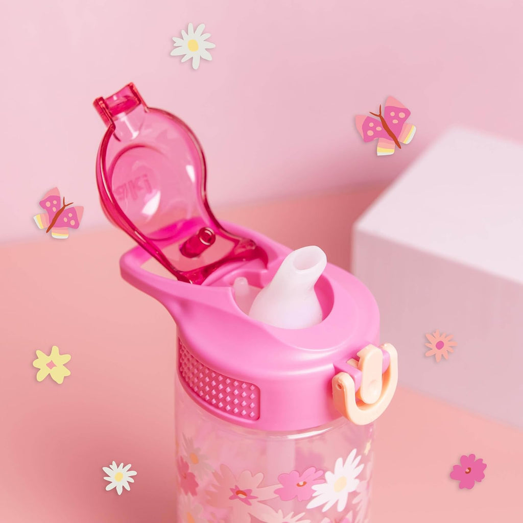 Water Bottle For School or Travel, 16oz Durable Plastic Water Bottle With Straw, Handle, and Leak-Proof, Pop-Up Spout Cover (Flower Power)