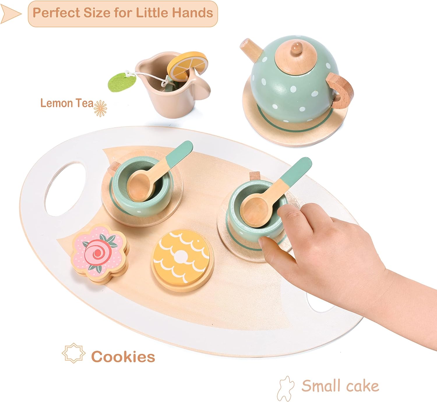 Wooden Tea Set for Little Girls, MONT PLEASANT Wooden Toys, Toddler Tea Set Play Kitchen Accessories Play Food playset for Kids Tea Party