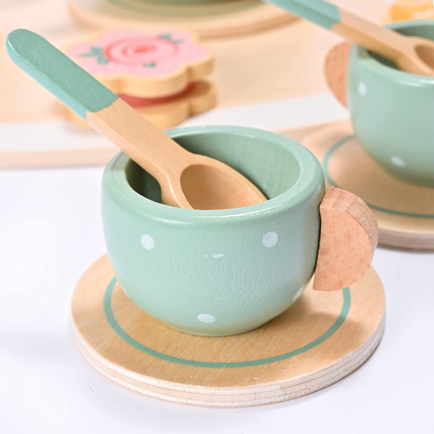 Wooden Tea Set for Little Girls, MONT PLEASANT Wooden Toys, Toddler Tea Set Play Kitchen Accessories Play Food playset for Kids Tea Party