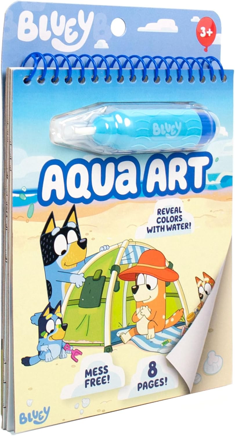 Bluey Aqua Art - Reusable Water Reveal Activity Pages With Water Pen for No-Mess Drawing and Coloring