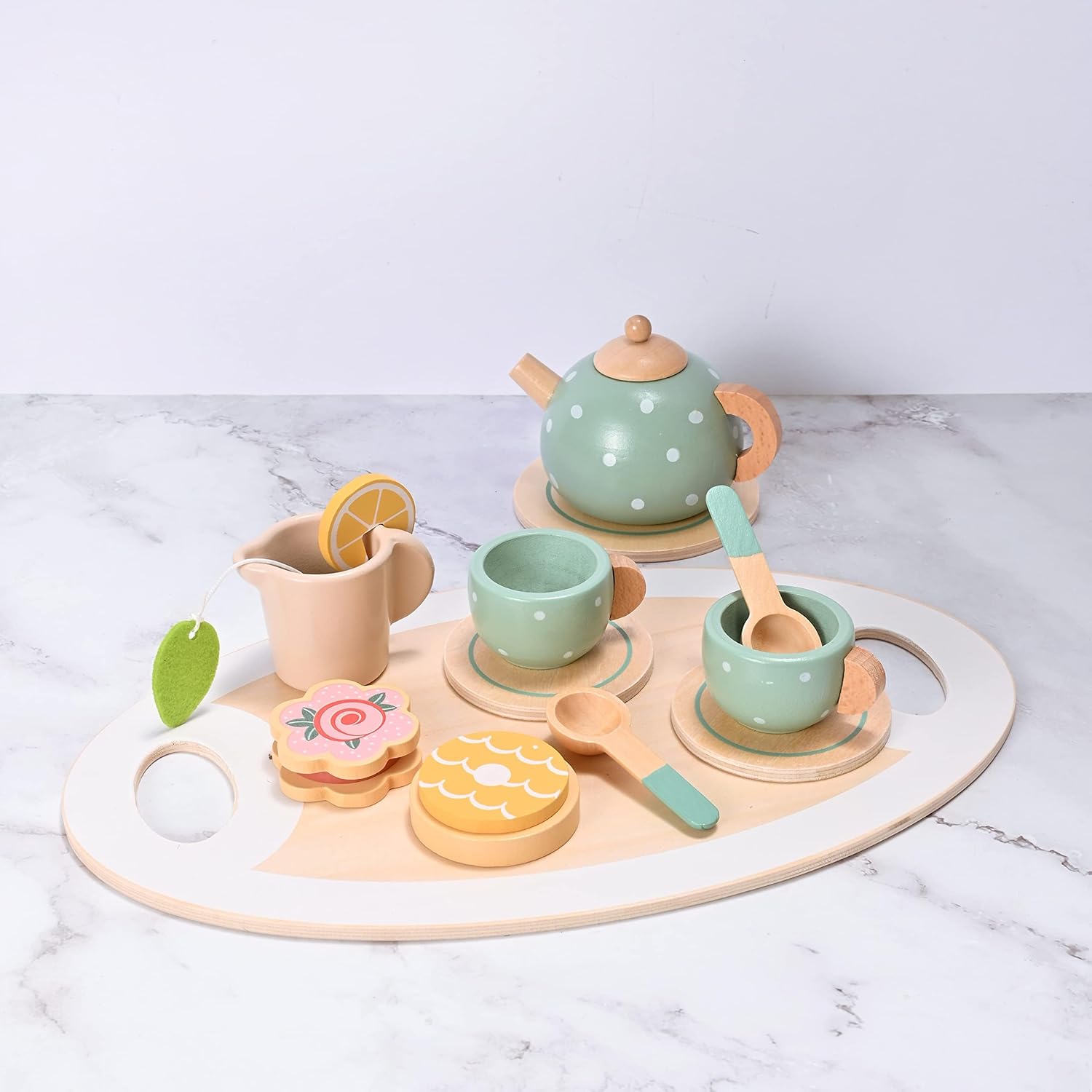 Wooden Tea Set for Little Girls, MONT PLEASANT Wooden Toys, Toddler Tea Set Play Kitchen Accessories Play Food playset for Kids Tea Party