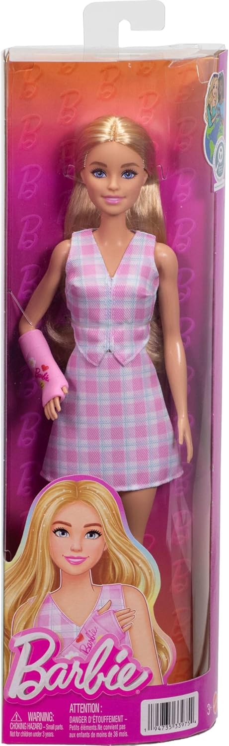 Fashionistas Doll #243 with Blonde Hair and Pink Arm Cast Accessory, Wearing Plaid Top and Skirt with Pink Loafers