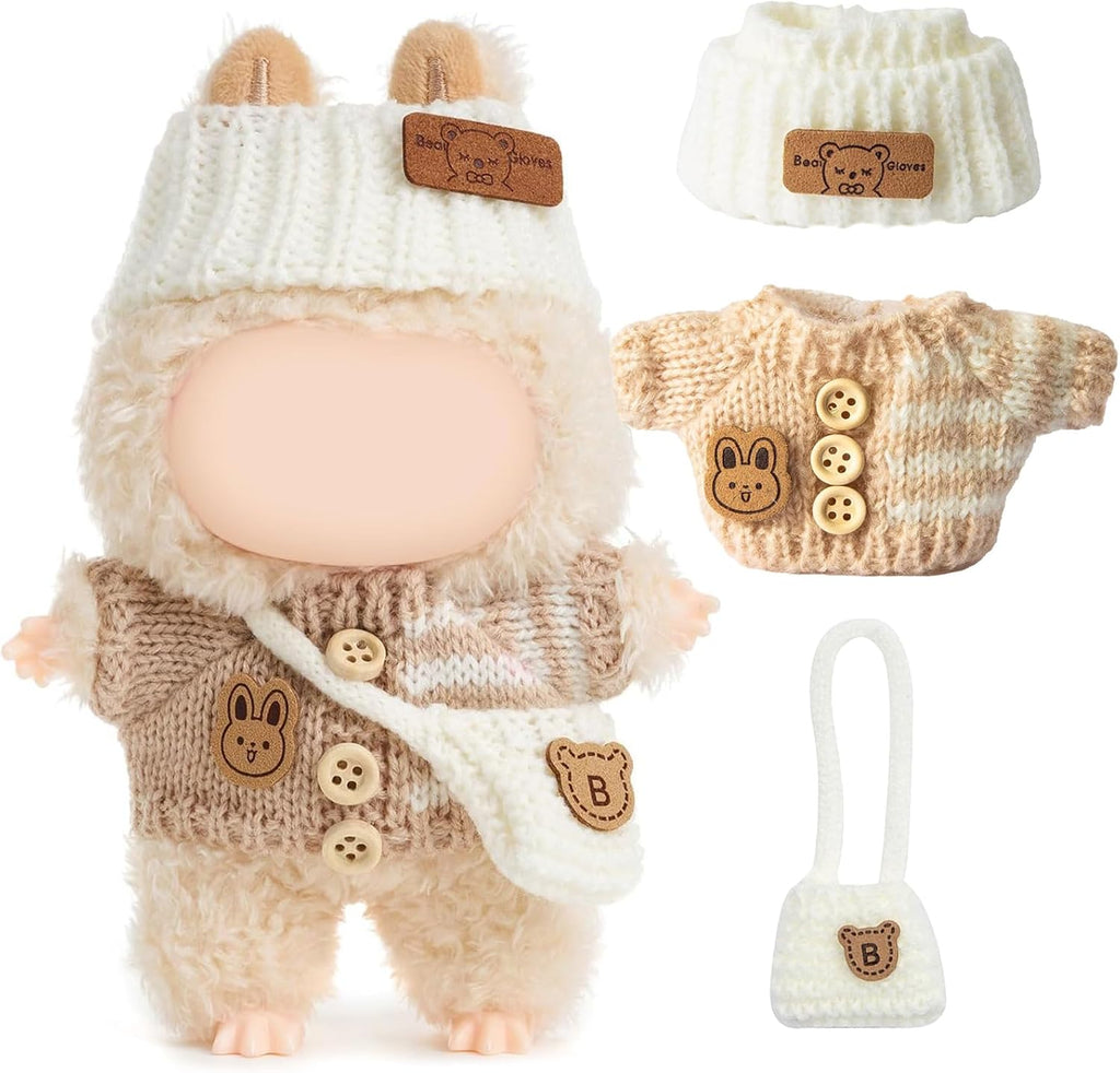 Clothes for LABUBU Doll (NO Doll), Handcrafted Crochet 3-Piece Accessories for LABUBU 17cm Dolls, Premium Outfit - Bunny Sweater + Hat + Bag, Cute Clothes for Dress up Unique Style (Beige)
