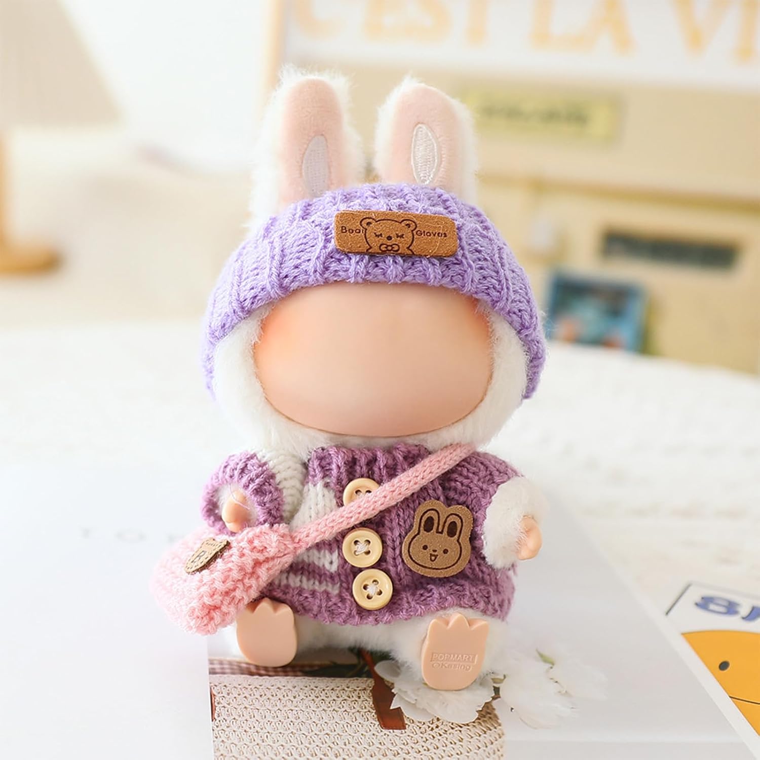 Clothes for LABUBU Doll (NO Doll), Handcrafted Crochet 3-Piece Accessories for LABUBU 17cm Dolls, Premium Outfit - Bunny Sweater + Hat + Bag, Cute Clothes for Dress up Unique Style (Purple)