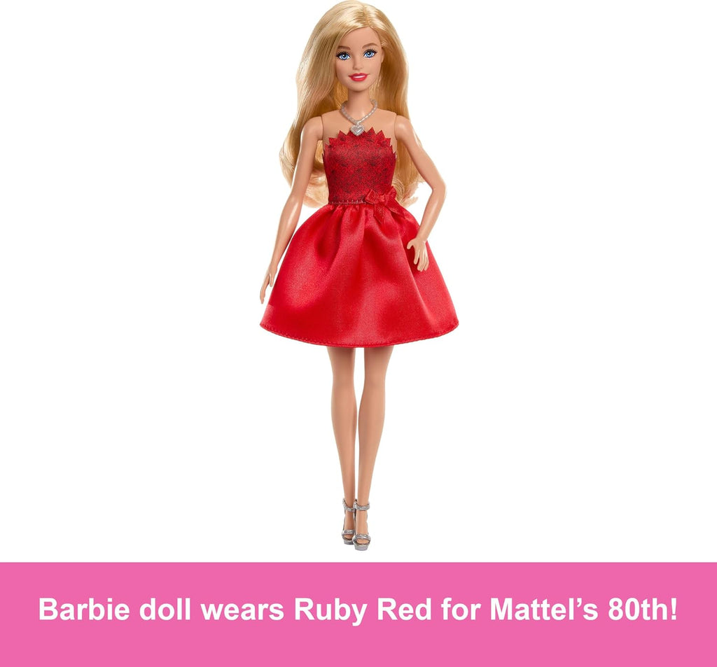 Mattel 80th Anniversary Ruby-Red Celebration Blonde Fashion Doll Wearing Red Dress with Silvery Shoes & Necklace, Collectible Toy