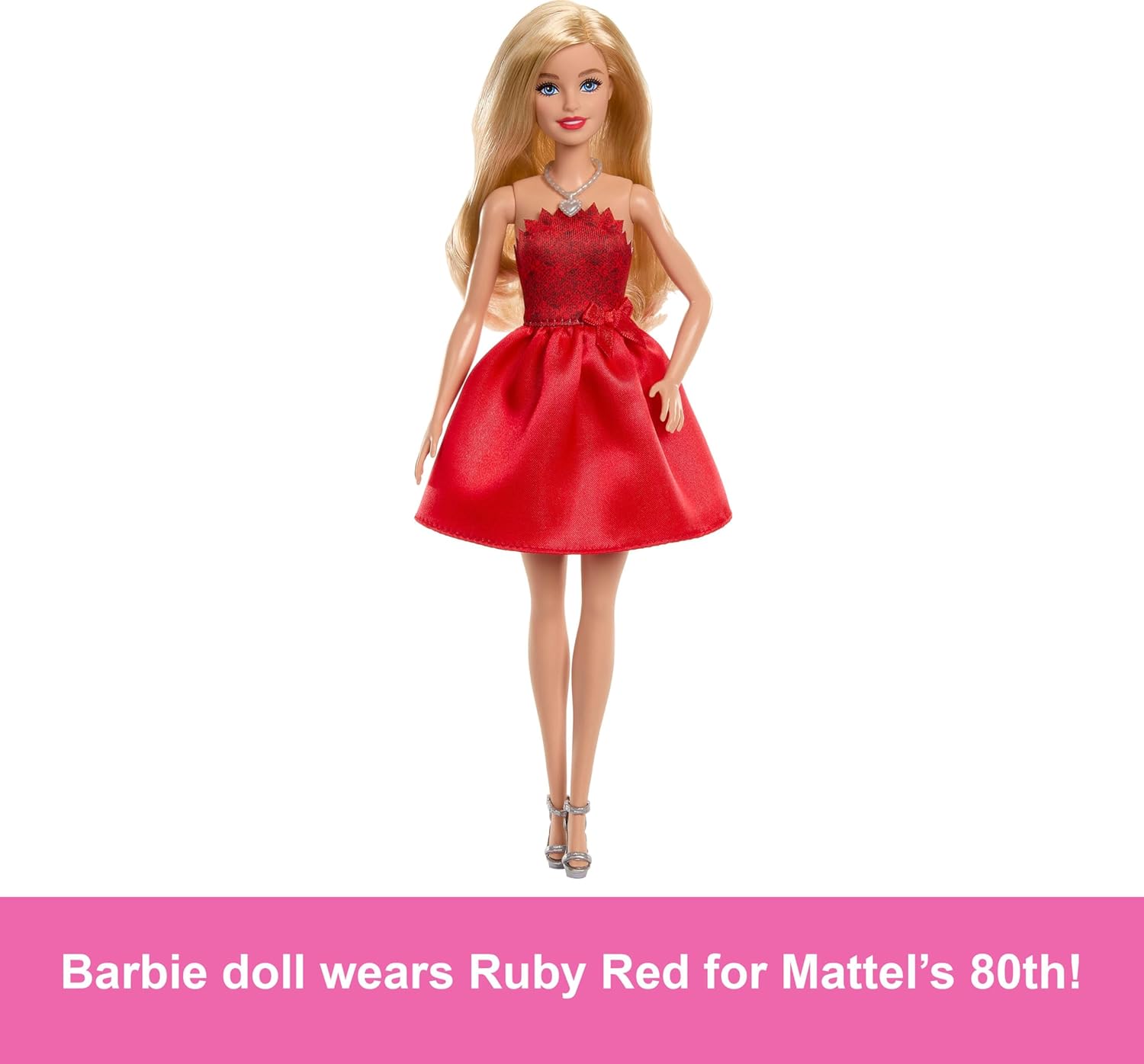 Mattel 80th Anniversary Ruby-Red Celebration Blonde Fashion Doll Wearing Red Dress with Silvery Shoes & Necklace, Collectible Toy