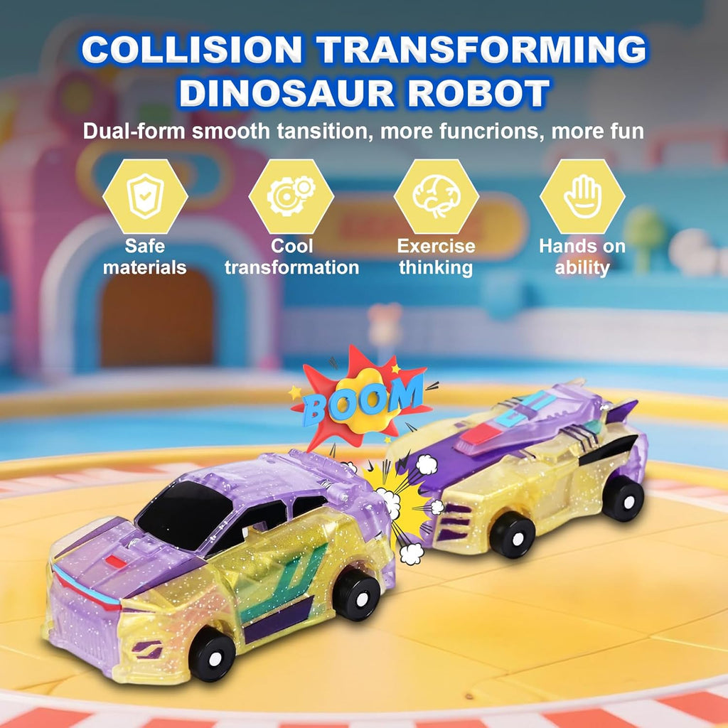 Magnetic Dinosaur Car Toy - 2 in 1 Crash & Transform Vehicle to Dino, No Battery Needed for Kids Age 3-12, Birthday Gift