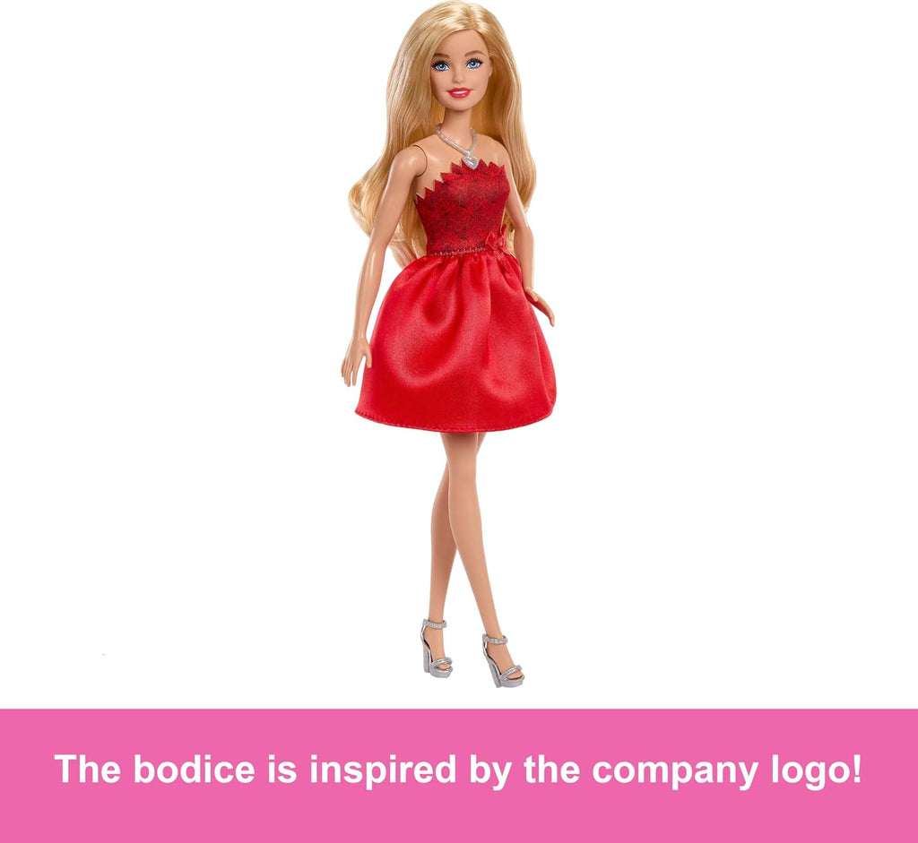 Mattel 80th Anniversary Ruby-Red Celebration Blonde Fashion Doll Wearing Red Dress with Silvery Shoes & Necklace, Collectible Toy