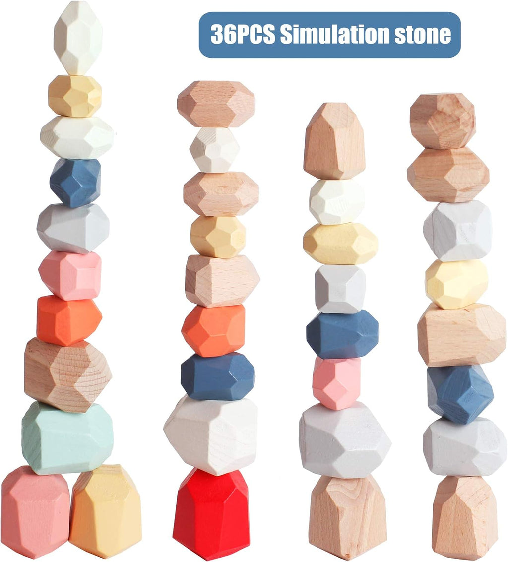 36 PCS Wooden Sorting Stacking Rocks Stones,Sensory Toddler Toys Learning Montessori Toys, Building Blocks Game for Kids 3 4 5 6 Years Boy and Girl Birthday Gifts for Kids