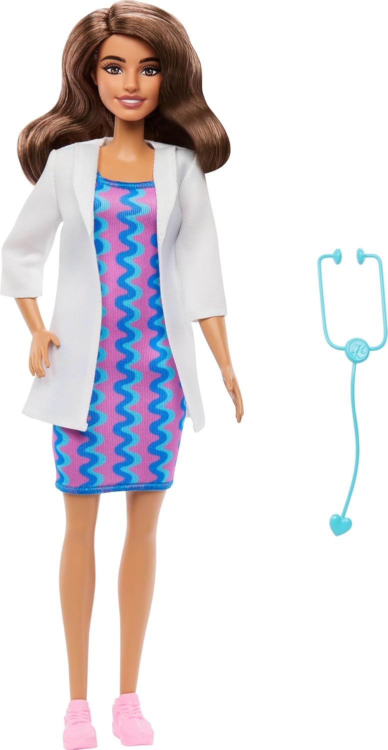 Careers Doctor Fashion Doll Wearing Removable Look with White Coat, Dress & Shoes, Plus Stethoscope Accessory