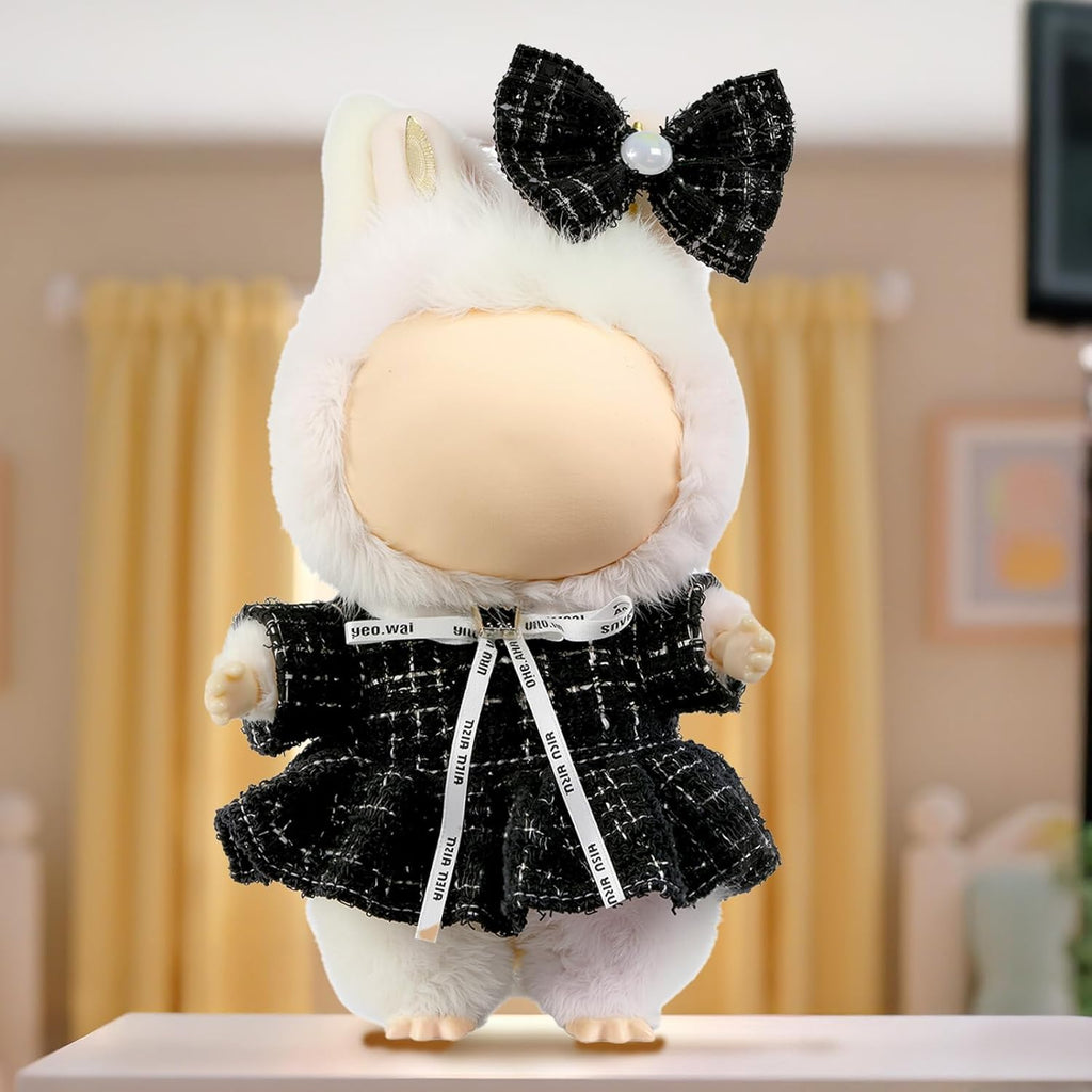 Clothes for LABUBU Doll (NO Doll), Luxury Chic Style 2-Piece Accessories for LABUBU 17cm Dolls, Premium Fashion Outfits for LABUBU - Bow Headdress + Plaid Tweed Dress (Black)