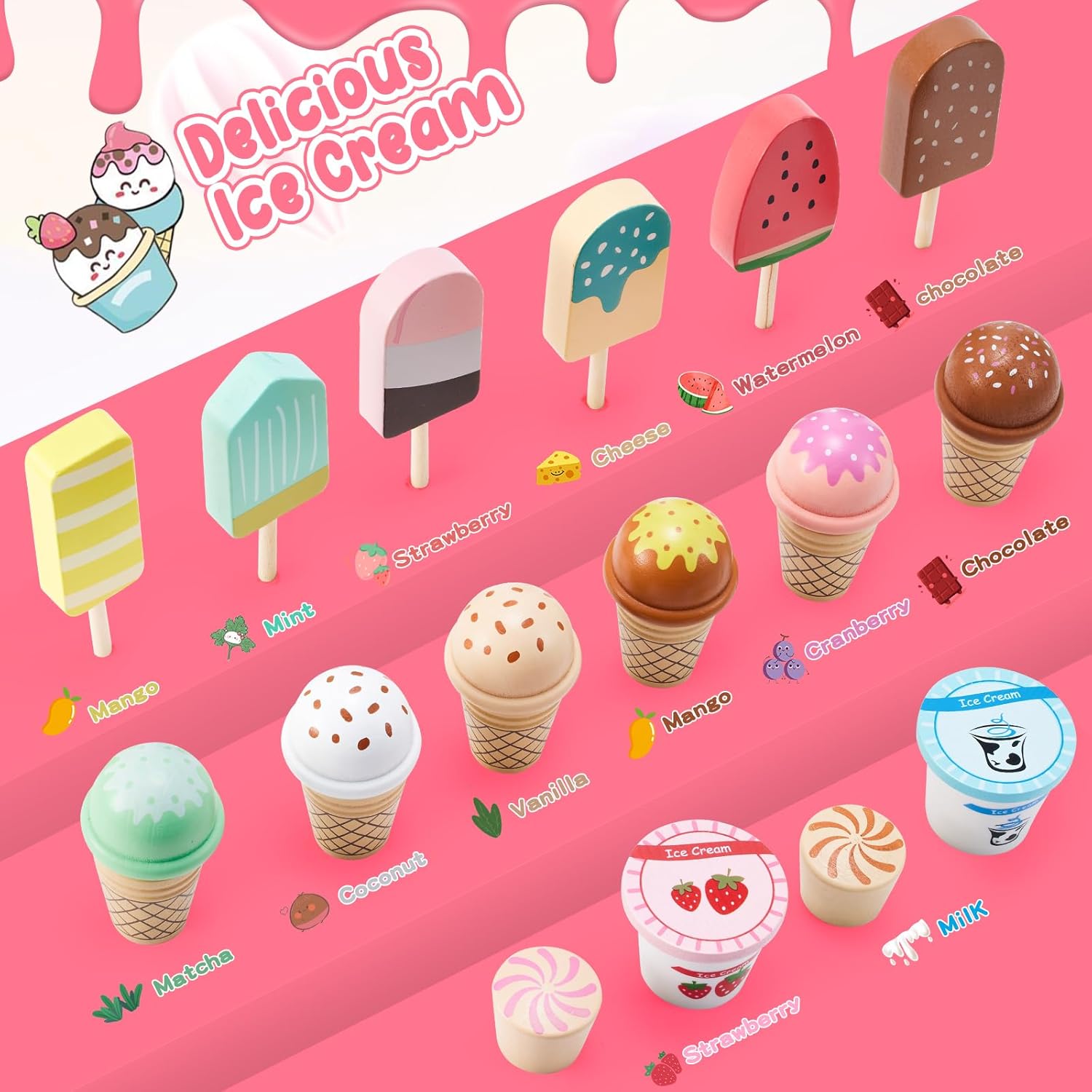 Wooden Ice Cream Counter Playset for Toddler Girl Toys, Play Store Pretend Toy Food Play Kitchen Accessories with Fake Money & Coin, Christmas Birthday Gifts for 3+ Year Old Kids (Pink)
