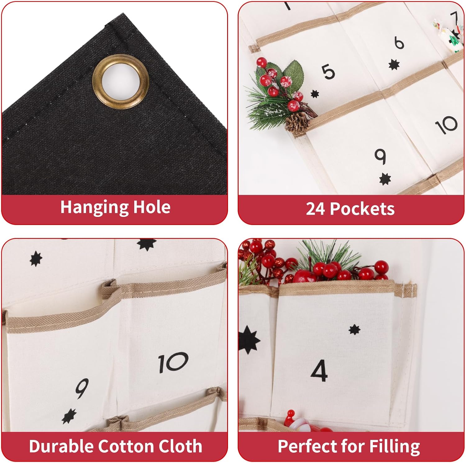 Christmas Advent Calendar, Reusable Hanging Christmas Countdown Calendar with 24 Pockets for 2025 Xmas Home Decoration