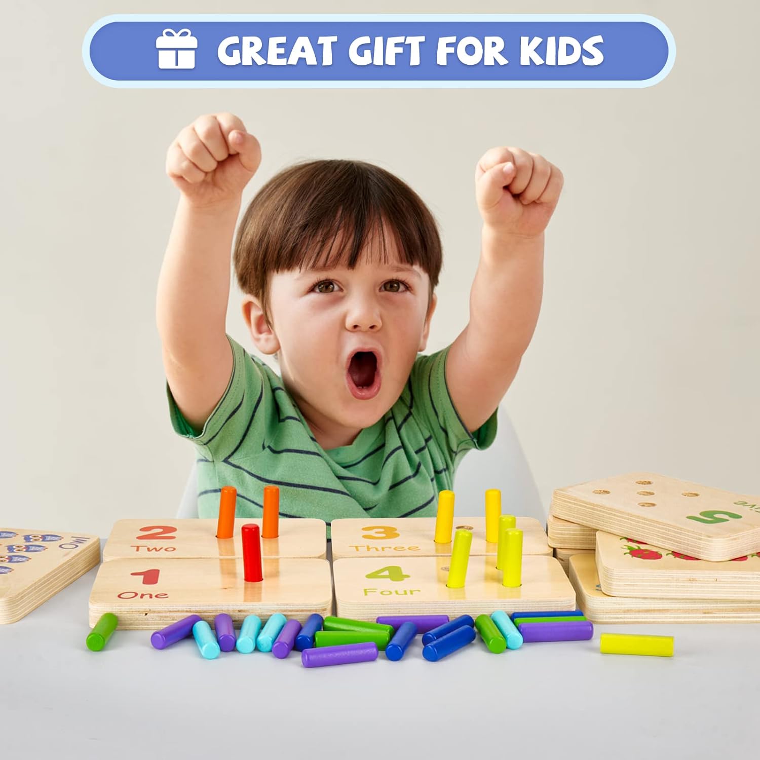 Wooden Number Blocks and Counting Peg Boards: Educational Math Manipulatives for Toddlers and Kindergarteners Learning Numbers and Math Concepts