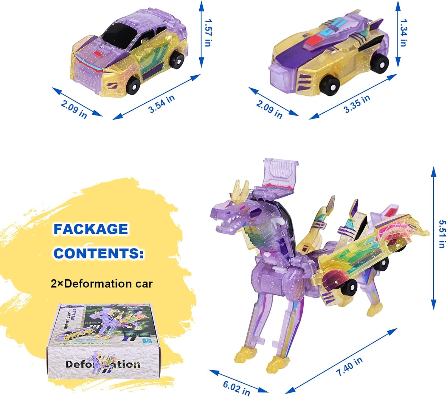 Magnetic Dinosaur Car Toy - 2 in 1 Crash & Transform Vehicle to Dino, No Battery Needed for Kids Age 3-12, Birthday Gift