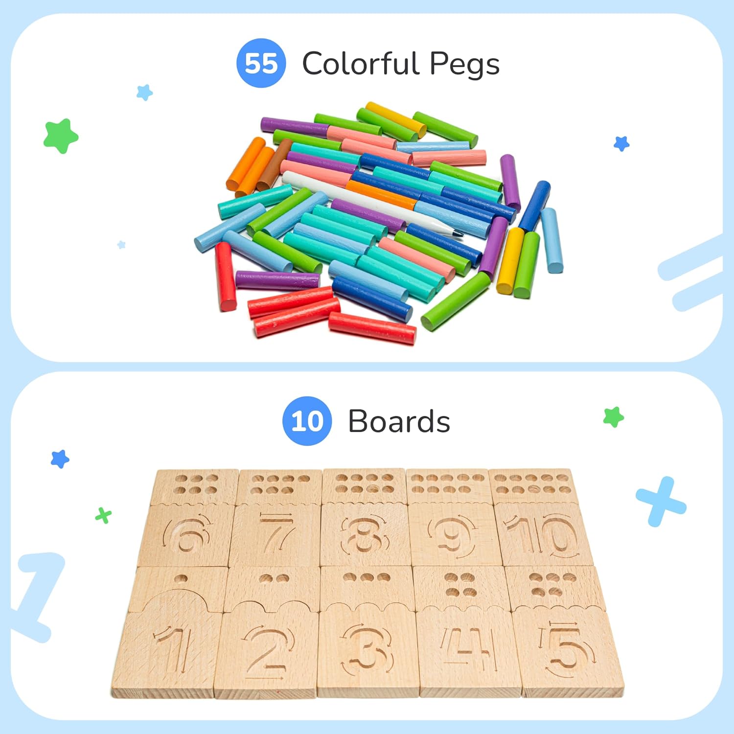 Counting Peg Boards and Number Tracing for Kids - Wooden Montessori Arithmetic Math Toy Set for Toddlers and Preschoolers - Math Manipulatives for Kindergarten (55 Pegs, 10 Boards, 1 Pencil)