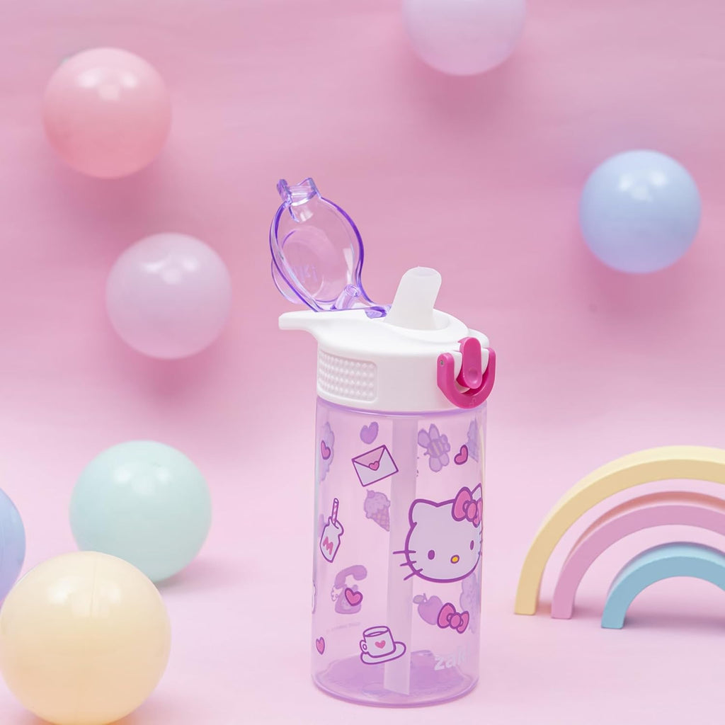 Sanrio Sage Kids Water Bottle For School or Travel, 16oz Durable Plastic Water Bottle With Straw, Handle, and Leak-Proof, Pop-Up Spout Cover (Hello Kitty)
