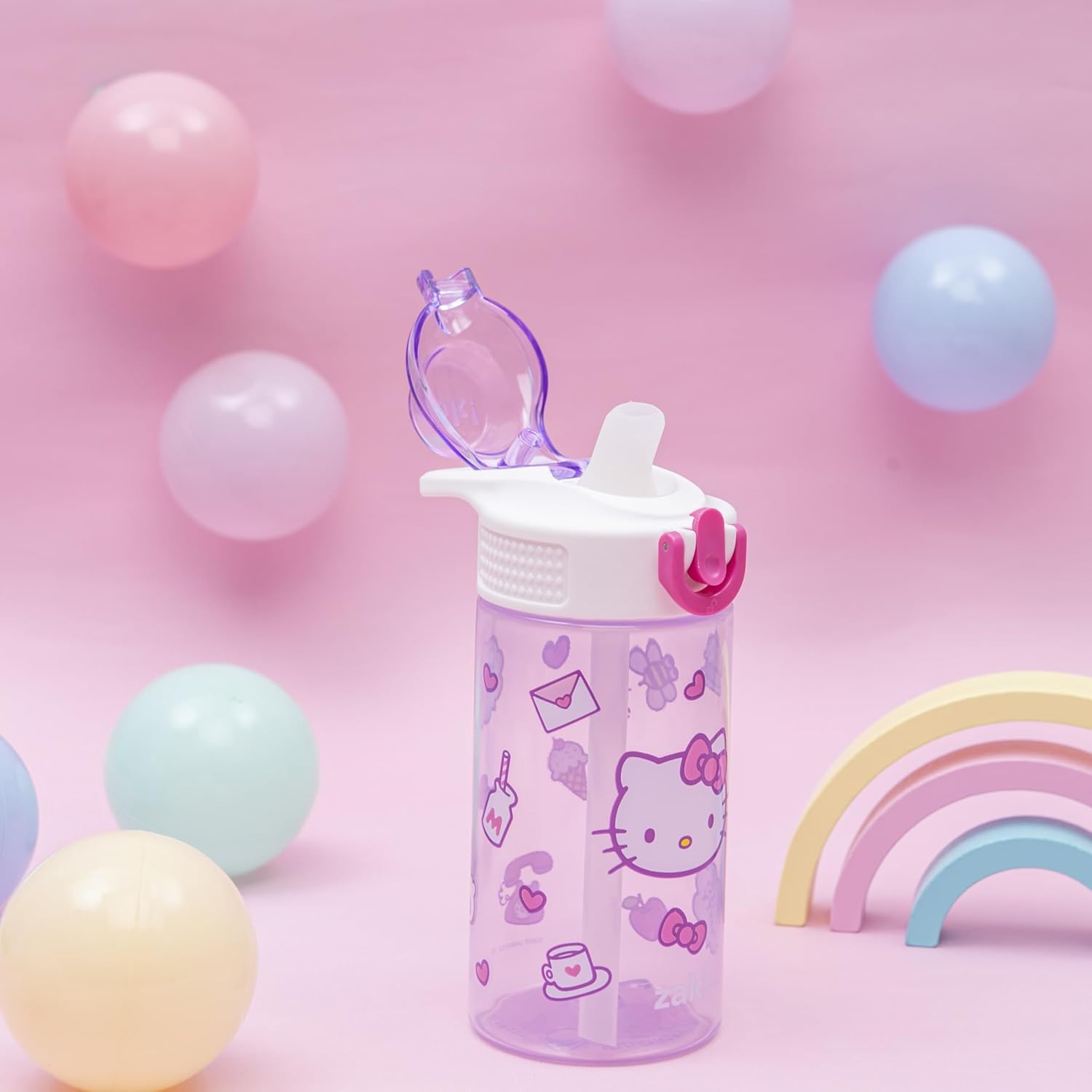 Sanrio Sage Kids Water Bottle For School or Travel, 16oz Durable Plastic Water Bottle With Straw, Handle, and Leak-Proof, Pop-Up Spout Cover (Hello Kitty)