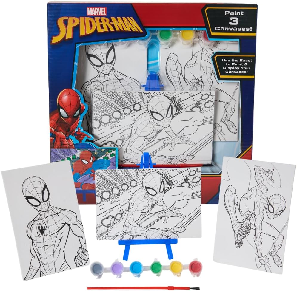 Marvel Spiderman Canvas Paint Set for Kids with 3 Canvases, Acrylic Paint, Paintbrush, & Easel