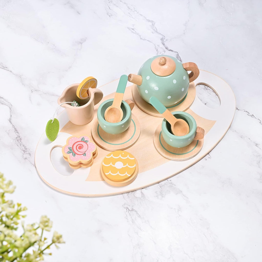 Wooden Tea Set for Little Girls, MONT PLEASANT Wooden Toys, Toddler Tea Set Play Kitchen Accessories Play Food playset for Kids Tea Party