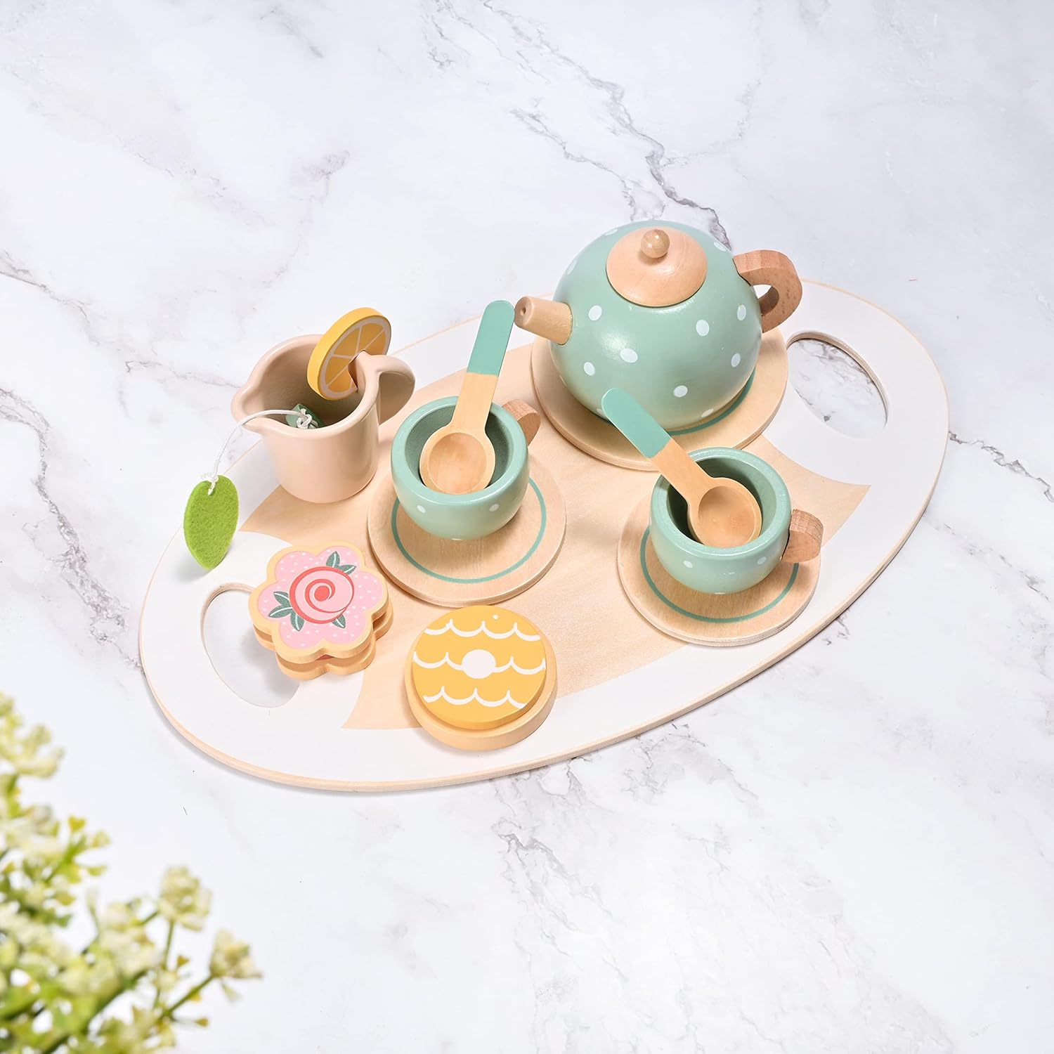 Wooden Tea Set for Little Girls, MONT PLEASANT Wooden Toys, Toddler Tea Set Play Kitchen Accessories Play Food playset for Kids Tea Party