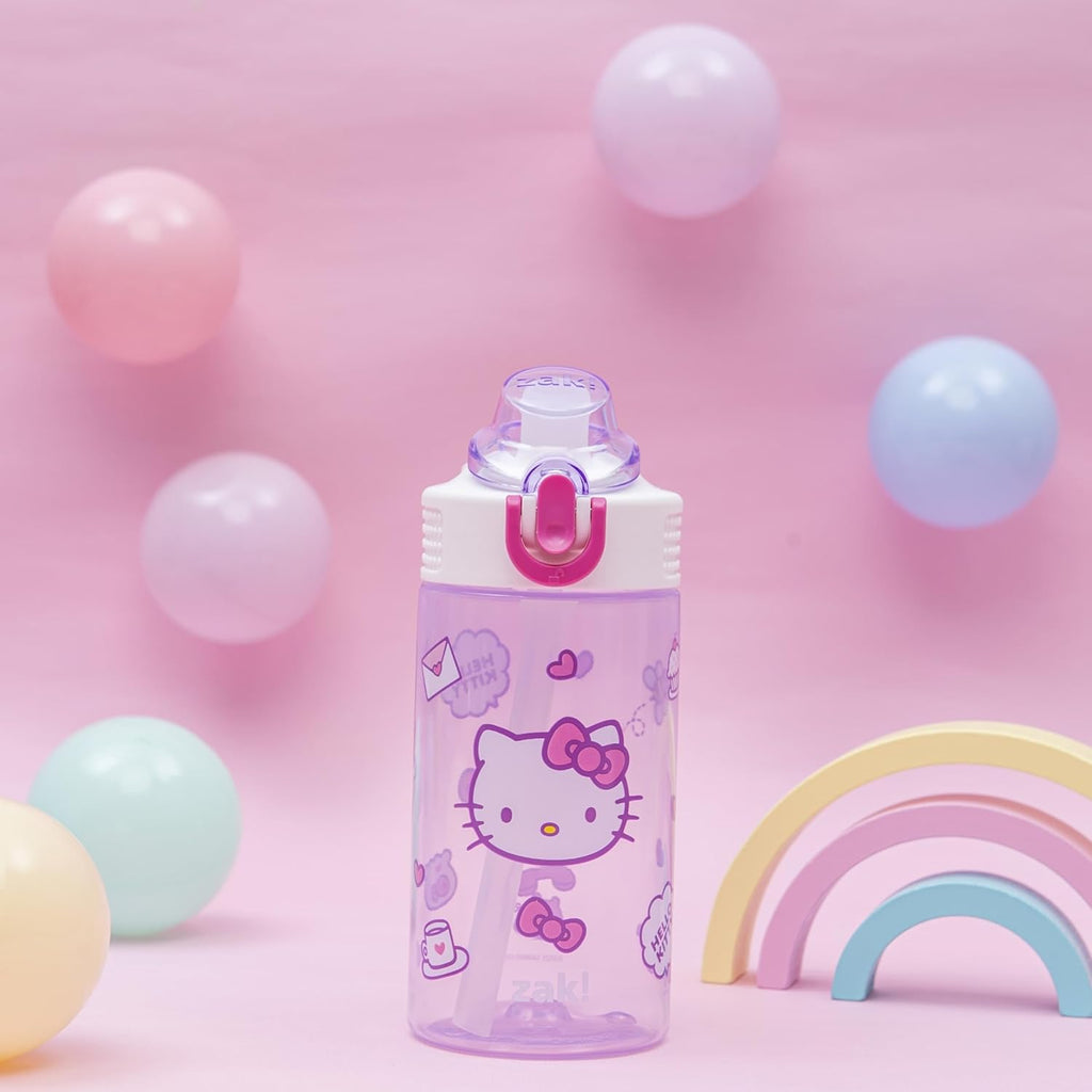 Sanrio Sage Kids Water Bottle For School or Travel, 16oz Durable Plastic Water Bottle With Straw, Handle, and Leak-Proof, Pop-Up Spout Cover (Hello Kitty)