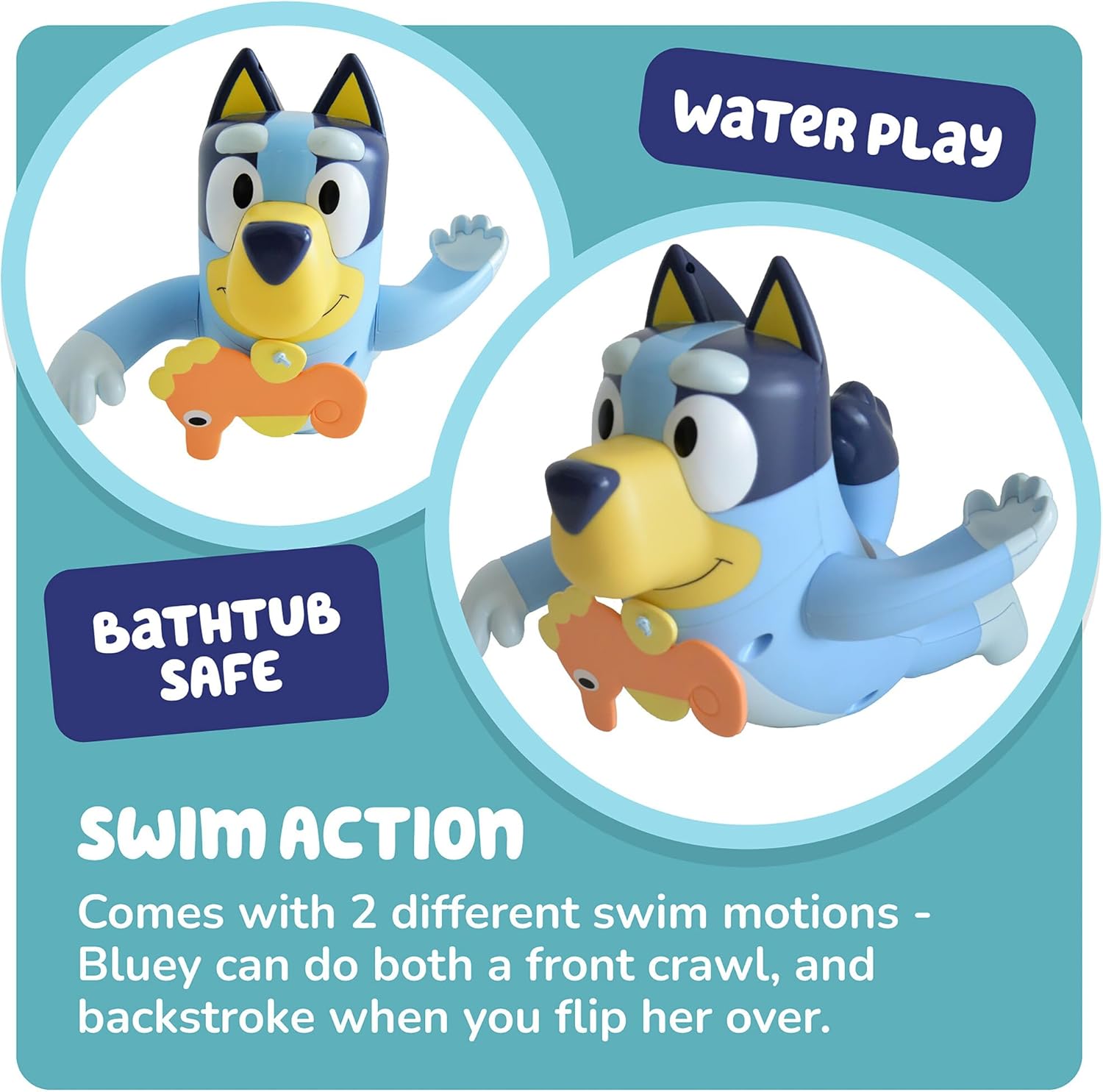 Toomies Swimming Bluey Bath Toy with Seahorse - Bluey Toys for Toddlers - Toddler Water Toys for Tub or Pool That Swims on Back or Front - Ages 18 Months and Up