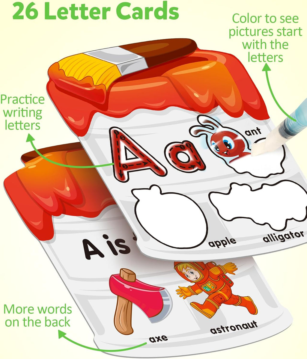 Water Painting Cards with Learning Alphabet, Reusable Aqua Painting Doddle Vocabulary Flash Cards, ABC Words Learning Educational Montessori Toy Gift for 3 4 5 Year Old Kids