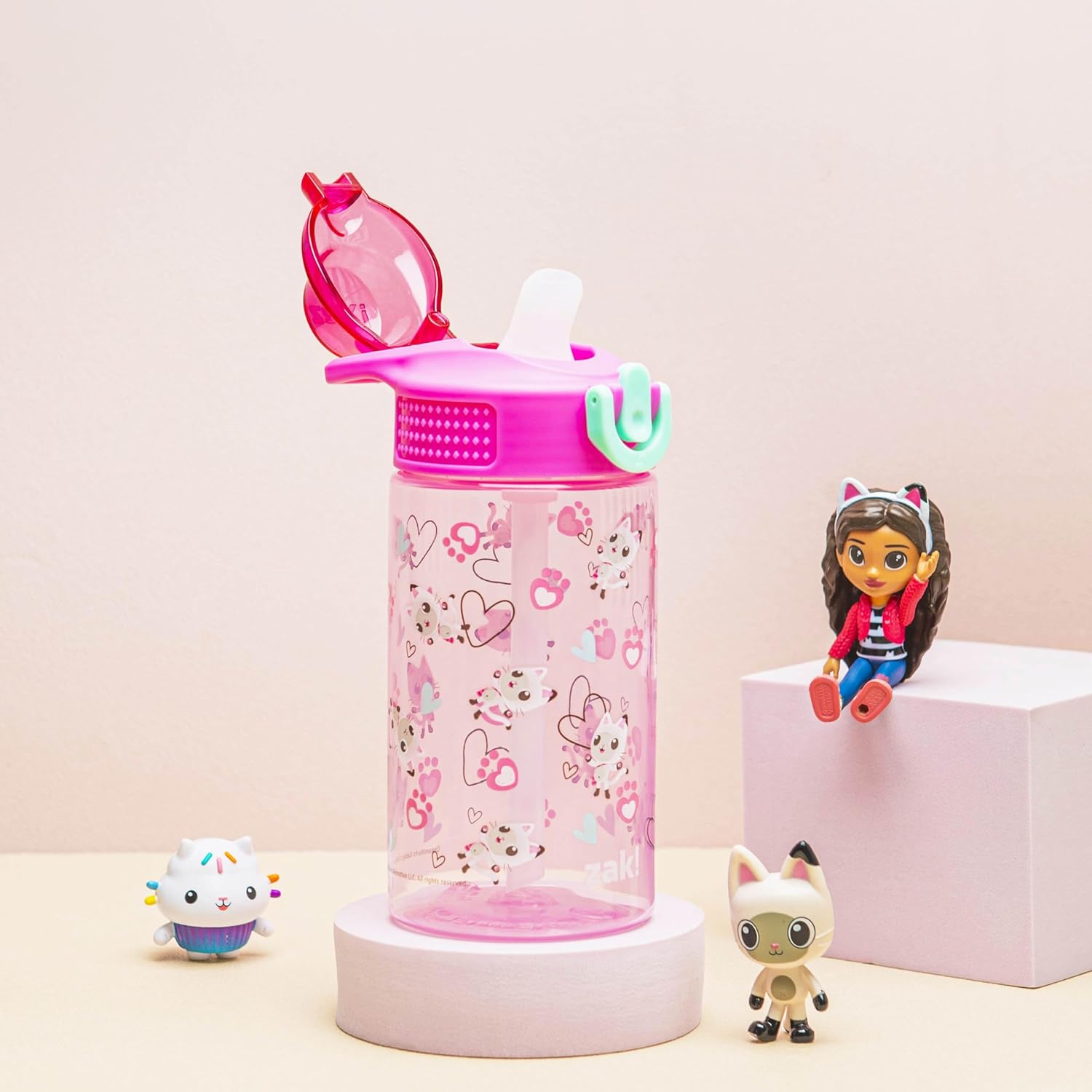 DreamWorks Gabby's Dollhouse Sage Water Bottle For School or Travel, 16oz Durable Plastic Water Bottle With Straw, Handle, and Leak-Proof, Pop-Up Spout Cover (Pandy Paws)