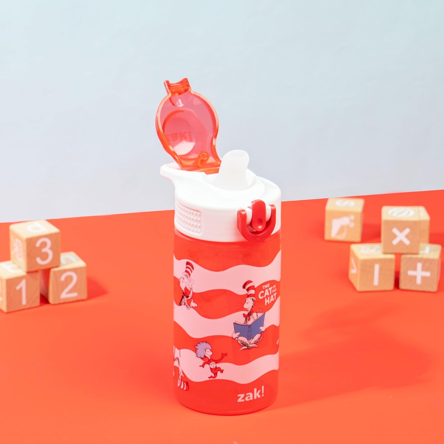 Dr. Seuss Sage Kids Water Bottle For School or Travel, 16oz Durable Plastic Water Bottle With Straw, Handle, and Leak-Proof, Pop-Up Spout Cover (The Cat in the Hat)