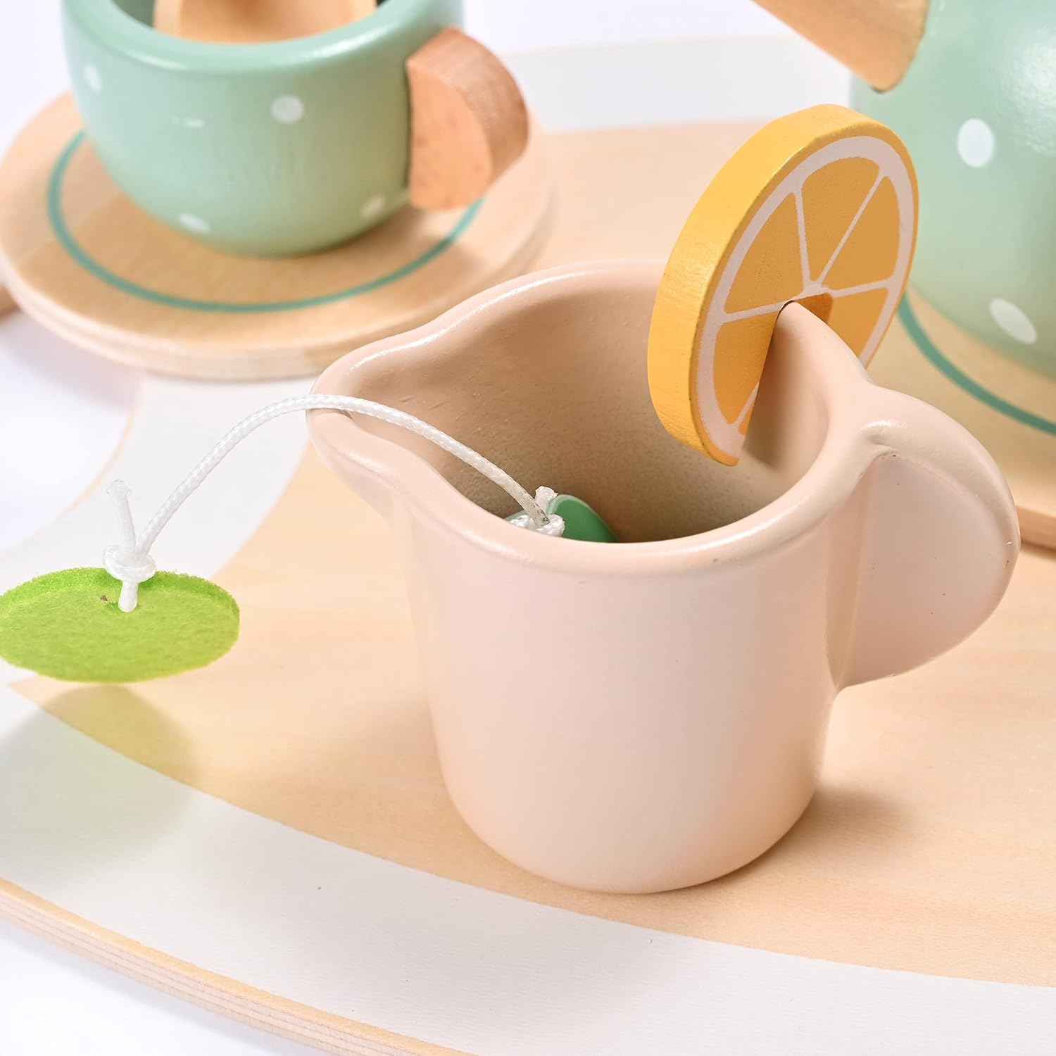 Wooden Tea Set for Little Girls, MONT PLEASANT Wooden Toys, Toddler Tea Set Play Kitchen Accessories Play Food playset for Kids Tea Party