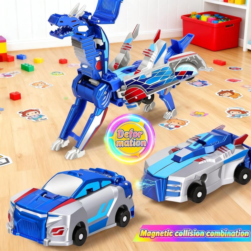 Transforming Dinosaur Toys,2-in-1 Magnetic Cars Crash & Transform into Dinosaur, No Battery Needed, Safe ABS Plastic for Kids 3-12 Christmas Birthday Present
