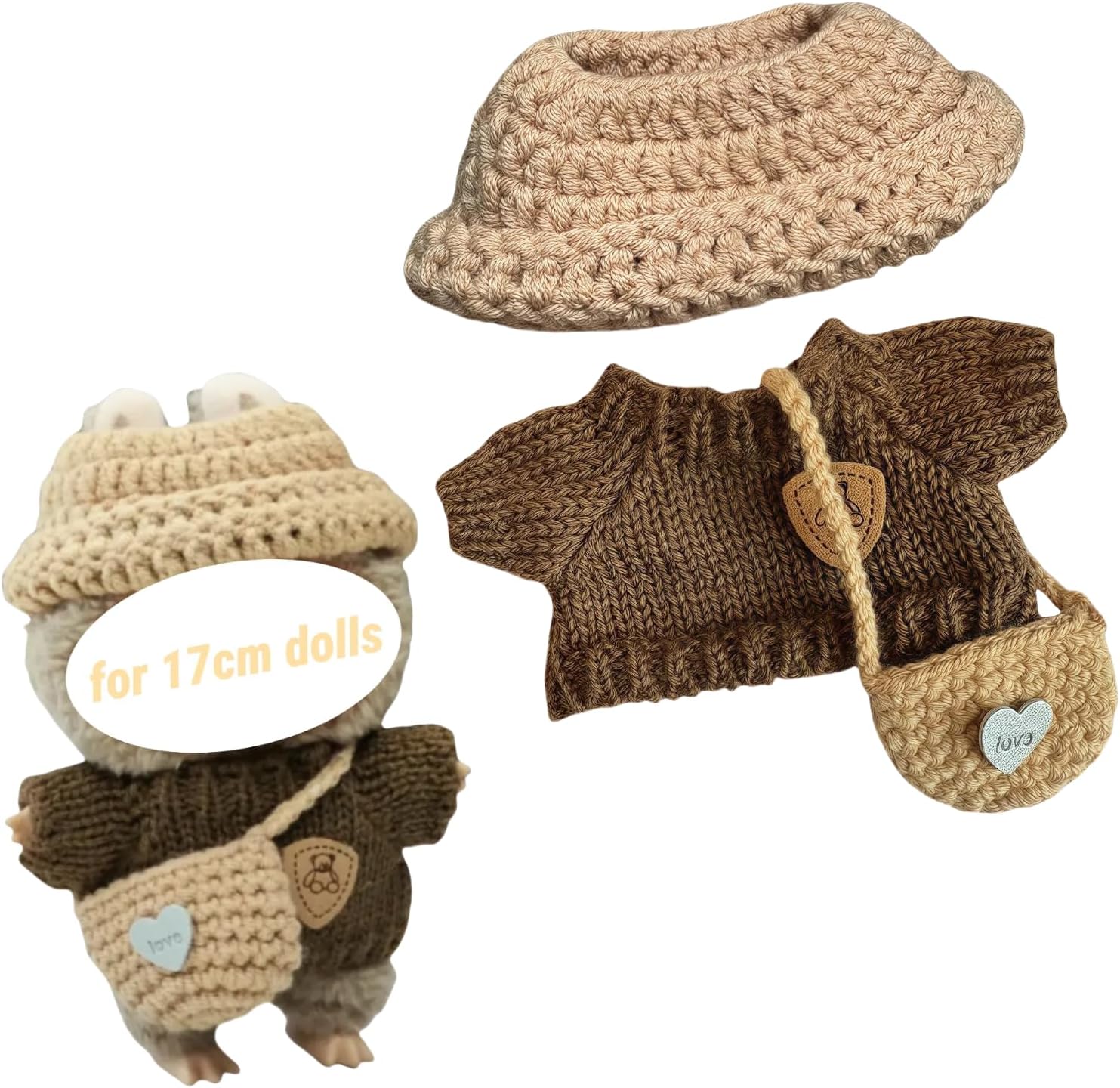 Clothes for Labubu Accessories, Clothing for Big into Energy Labubu, 3PCS Crochet Hat Sweaters Bag Set Outfit for 17cm Dolls (Brown Sweaters Baby)