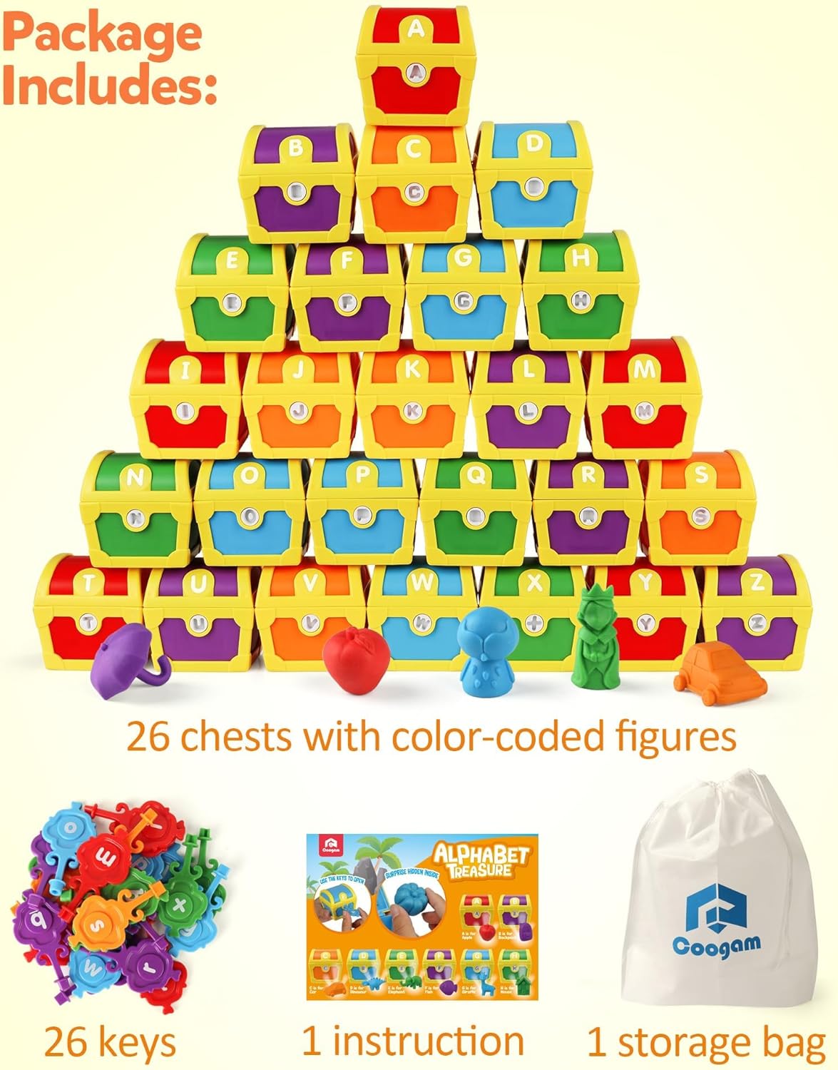 Alphabet Learning Toys for Toddlers, 26pcs Surprise Letters Treasure Locks with Keys, Uppercase Lowercase ABC Matching Color Sorting Game, Montessori Fine Motor Skill Gift for 3 4 5 Year Old