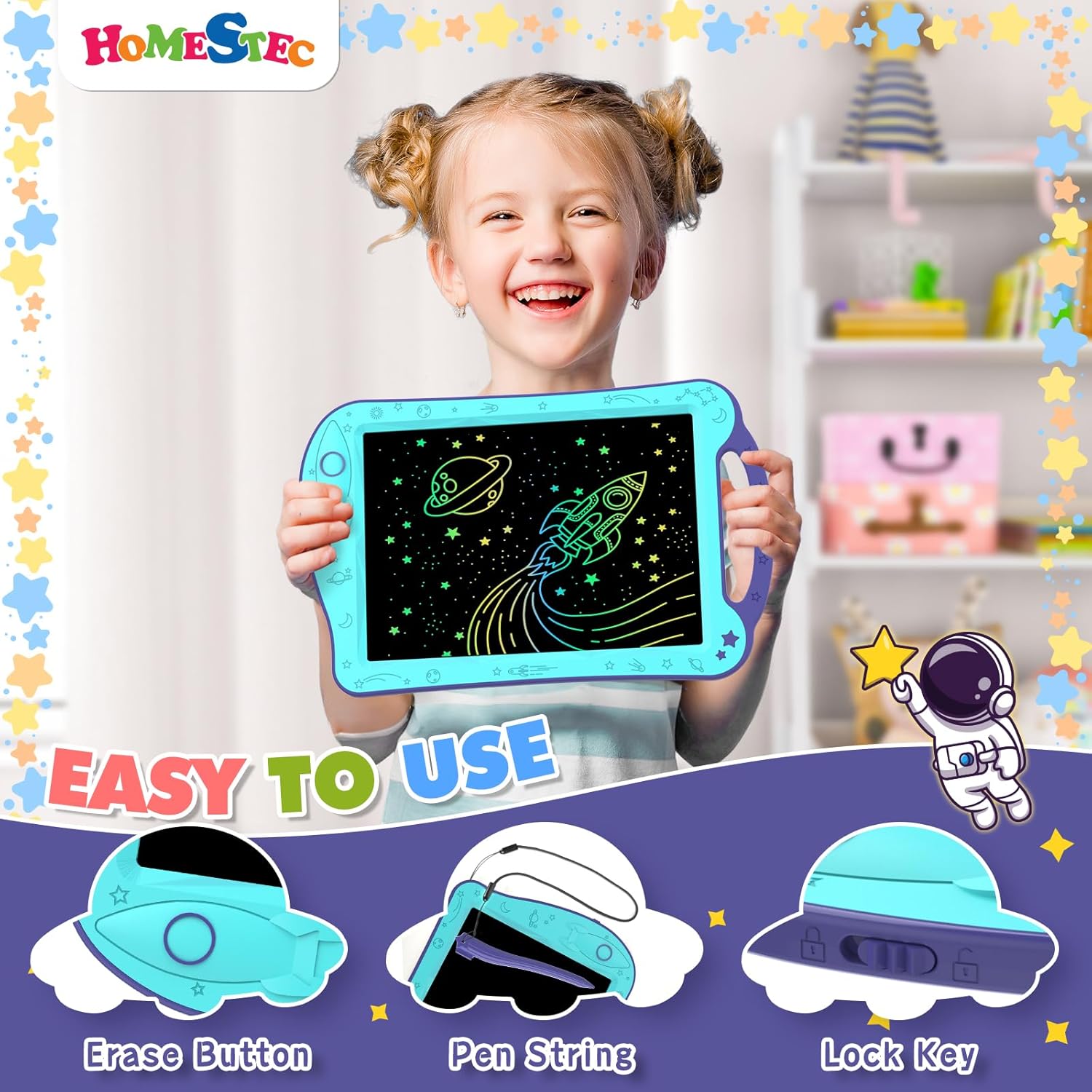 Astrodraw Drawing Pad, Colorful LCD Writing Tablet for Kids, Doodle Board for Toddlers 3 4 5 6 Years Old, Travel Toy Birthday Gift for Boys Girls (Aqua/Purple)
