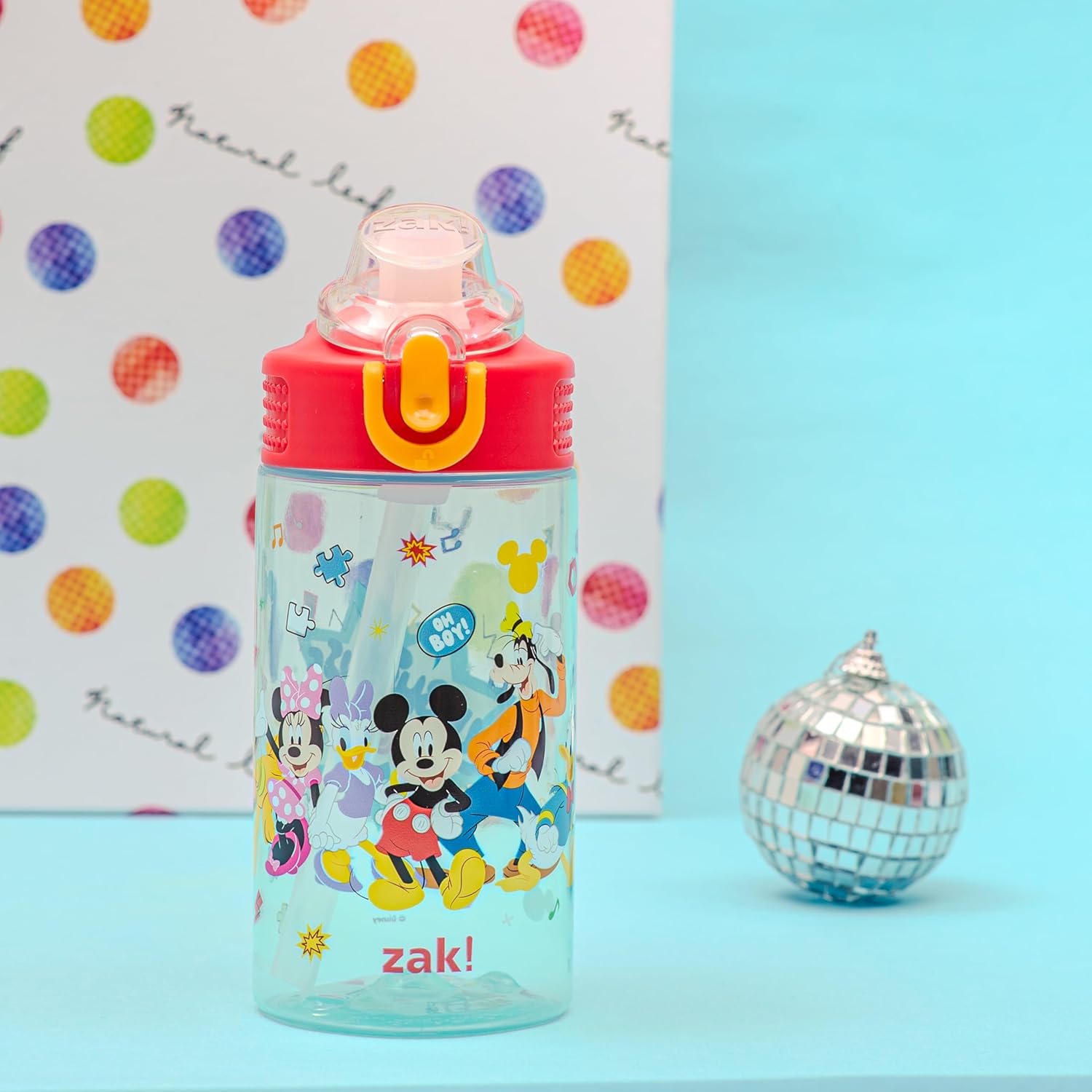 Disney Mickey Mouse Sage Kids Water Bottle For School or Travel, 16oz Durable Plastic Water Bottle With Straw, Handle, and Leak-Proof, Pop-Up Spout Cover