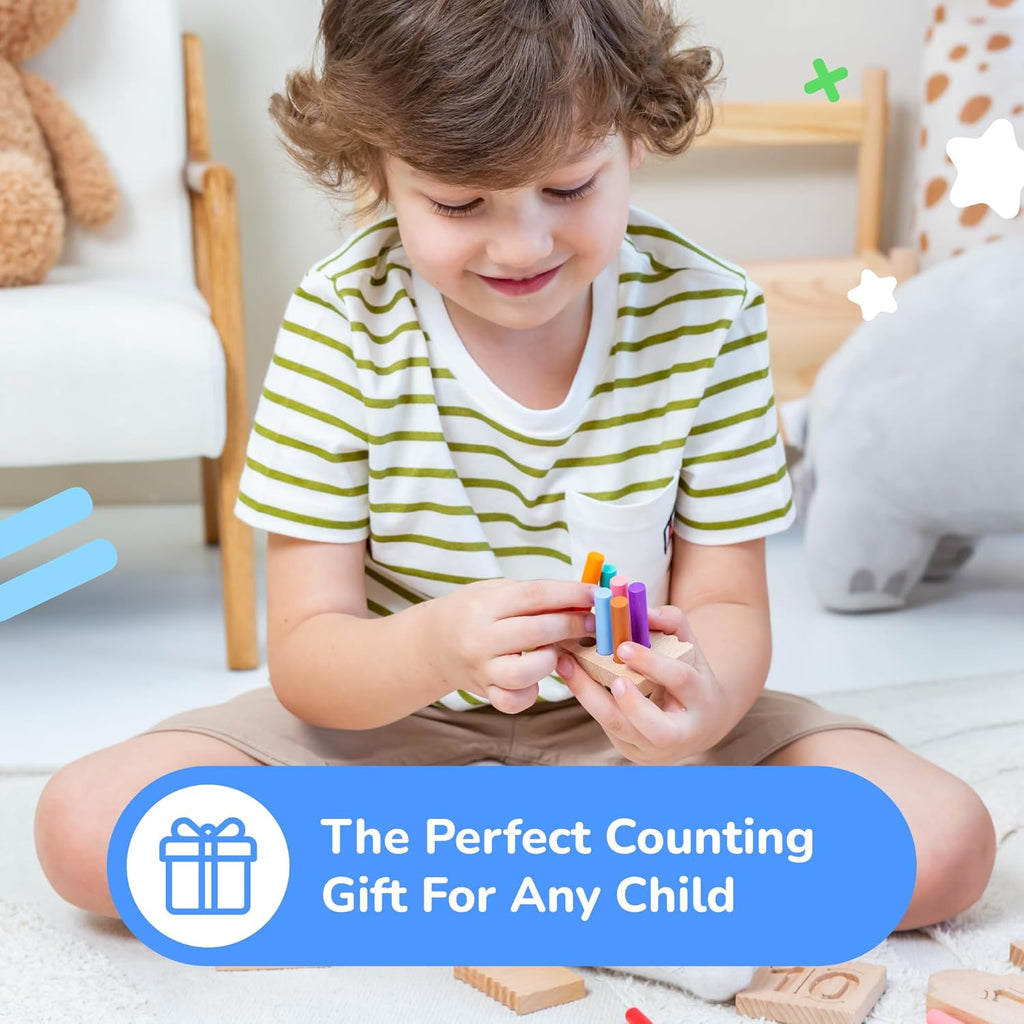 Counting Peg Boards and Number Tracing for Kids - Wooden Montessori Arithmetic Math Toy Set for Toddlers and Preschoolers - Math Manipulatives for Kindergarten (55 Pegs, 10 Boards, 1 Pencil)