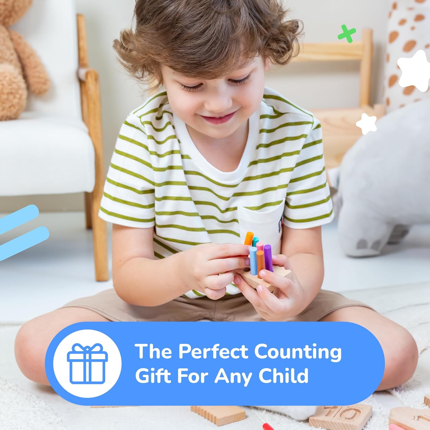 Counting Peg Boards and Number Tracing for Kids - Wooden Montessori Arithmetic Math Toy Set for Toddlers and Preschoolers - Math Manipulatives for Kindergarten (55 Pegs, 10 Boards, 1 Pencil)