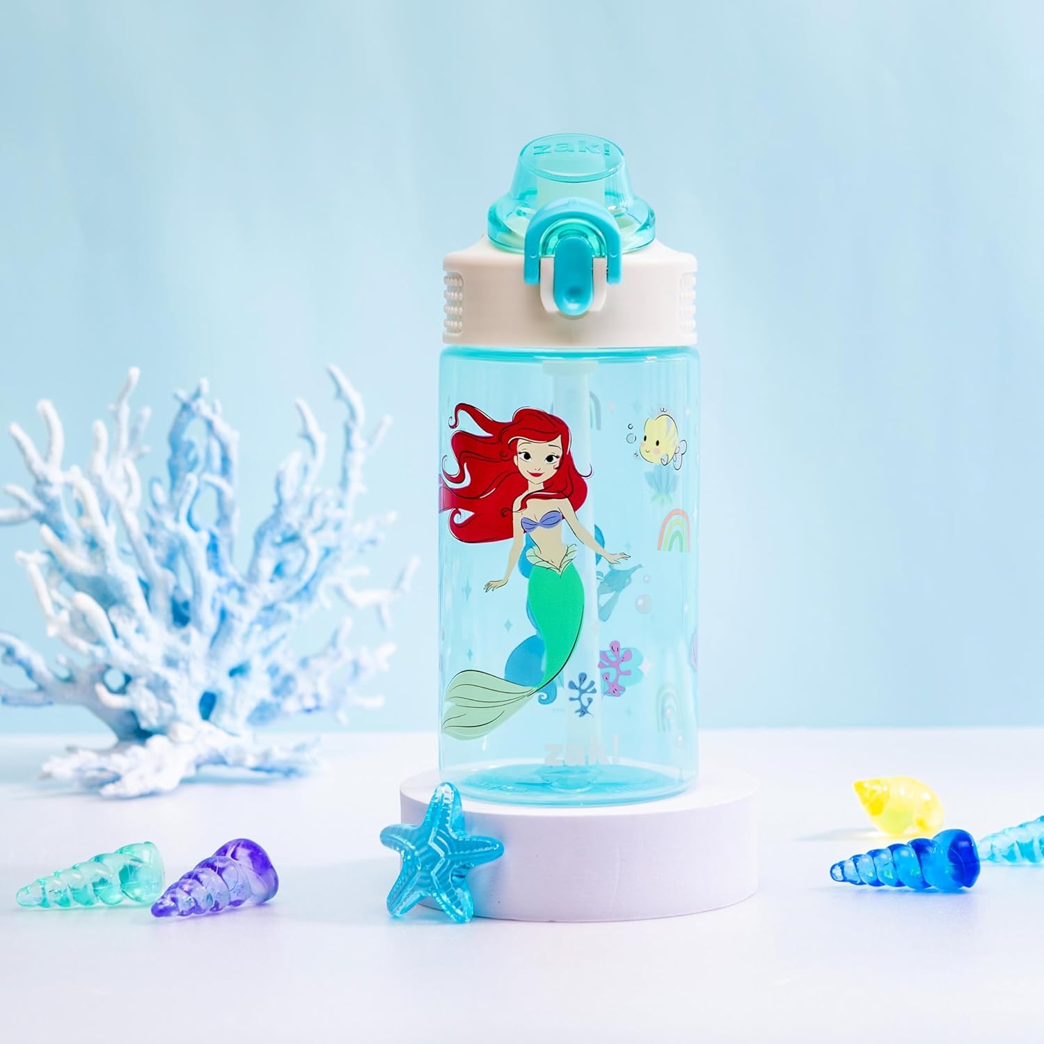 Disney Princess Sage Water Bottle For School or Travel, 16oz Durable Plastic Water Bottle With Straw, Handle, and Leak-Proof, Pop-Up Spout Cover (Ariel & Jasmine)