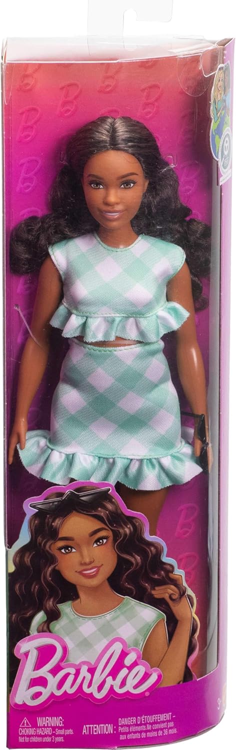 Fashionistas Doll #240 with Wavy Dark Brown Hair Wearing Minty Green Ruffled Gingham Dress, Sunglasses and Lavender Heels Accessories