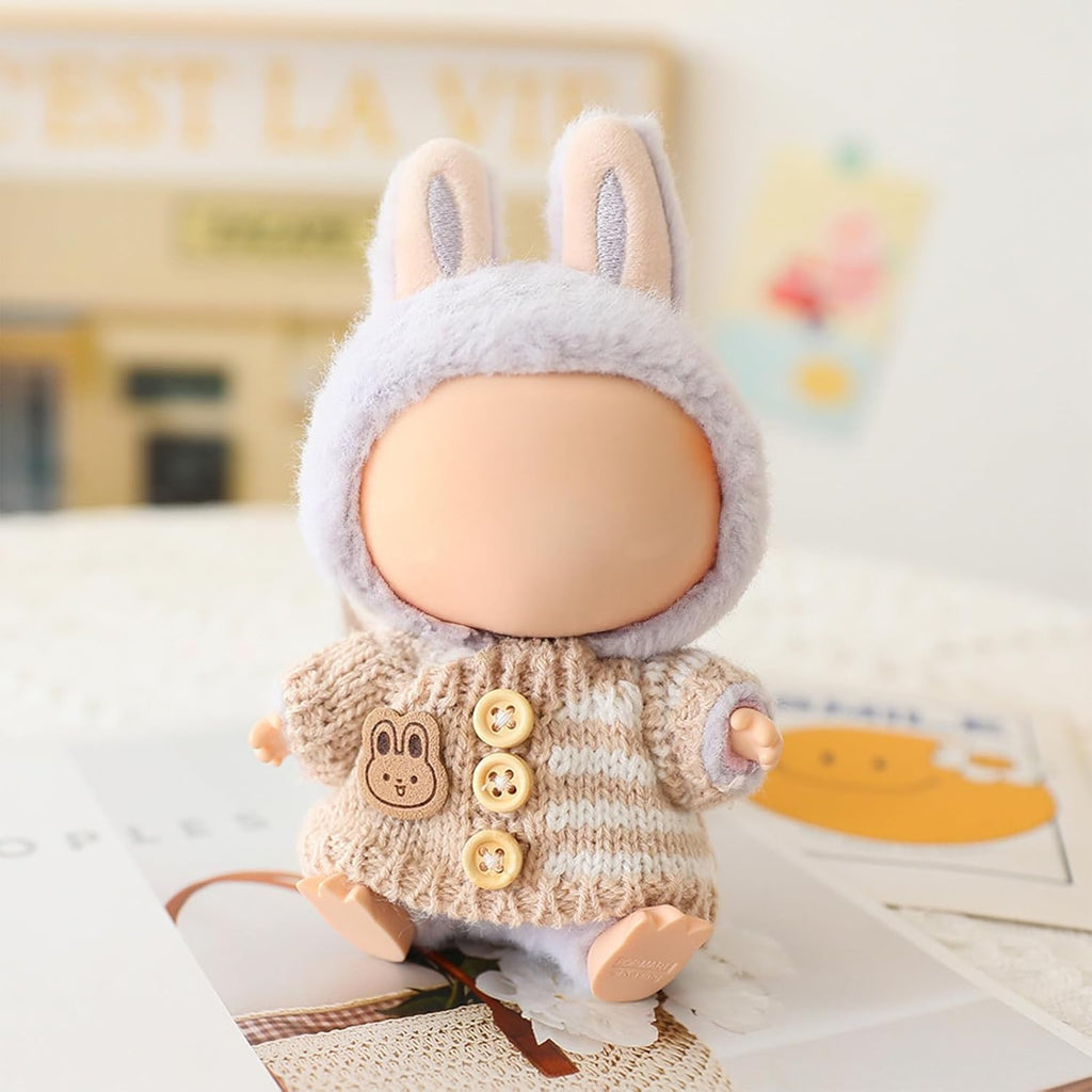Clothes for LABUBU Doll (NO Doll), Handcrafted Crochet 3-Piece Accessories for LABUBU 17cm Dolls, Premium Outfit - Bunny Sweater + Hat + Bag, Cute Clothes for Dress up Unique Style (Beige)